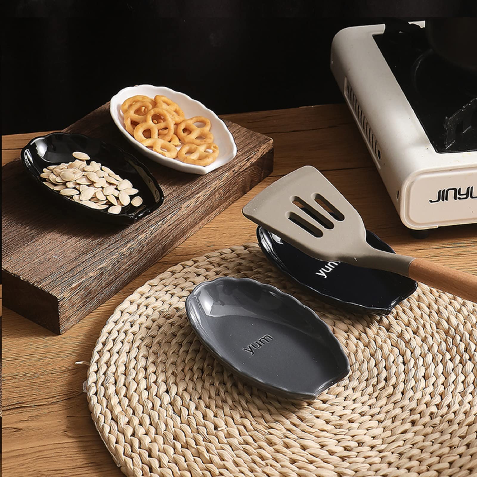 4-Piece Black Ceramic Spoon Rest Set for Kitchen Counter & Stove Top - Perfect for Holding Spoons, Spatulas & Ladles - Durable Kitchen Utensil Holder Accessory for Cooking & Serving