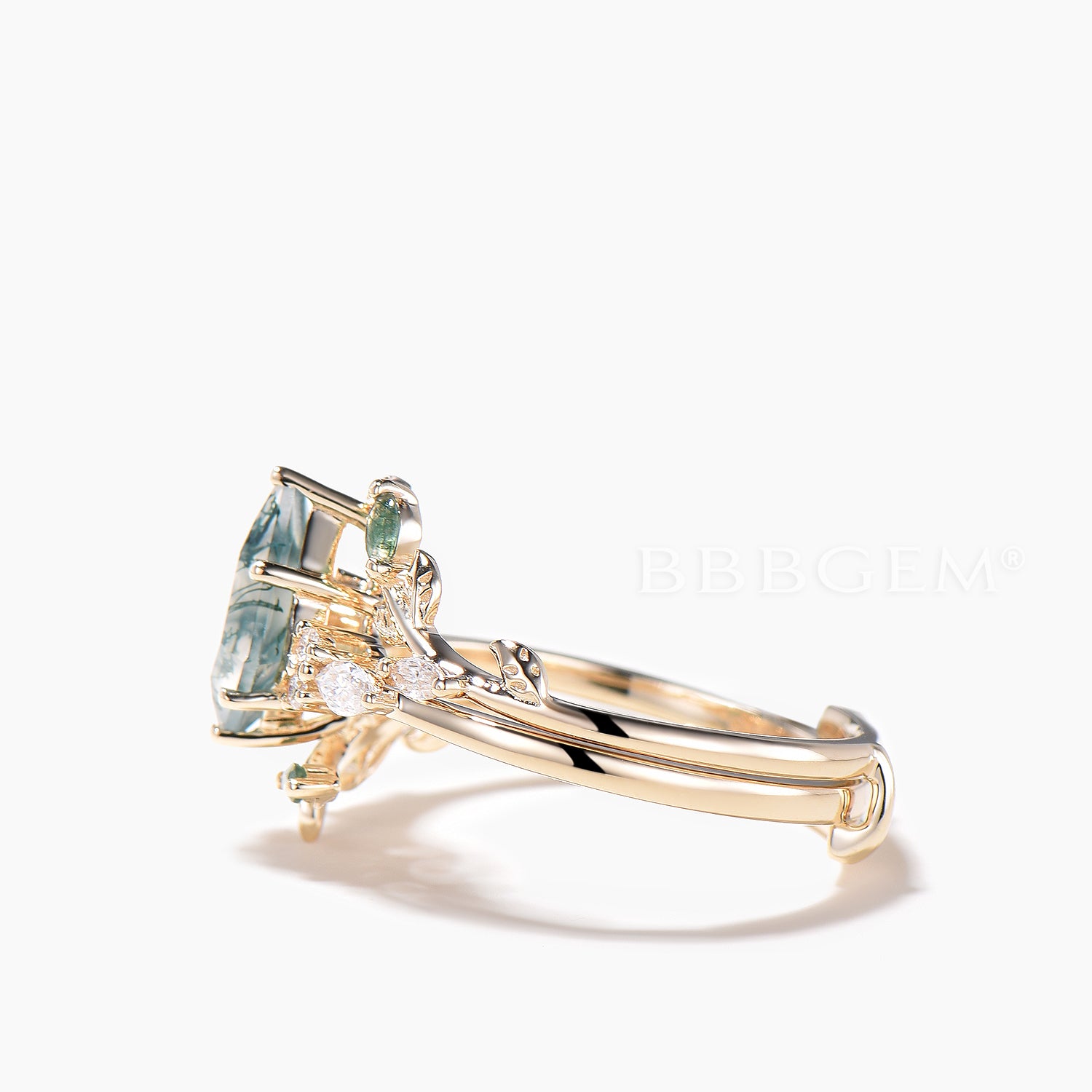 Twig Nature Inspired Moss Agate Leaf Ring Set - Kite Cut Gemstone Wedding Band for Brides, Nature Lovers & Boho Style (Perfect for Outdoor Weddings, Nature-Themed Events & Everyday Boho Fashion)