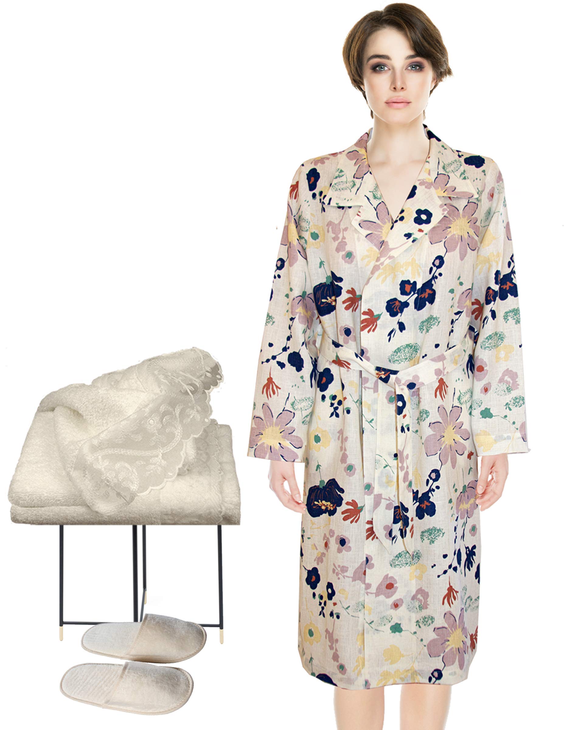 Floral Print Robe with Matching Hand Towel and Slippers Set - X-Large Champagne Color - Perfect for Spa Days, Bridal Showers & Relaxing at Home