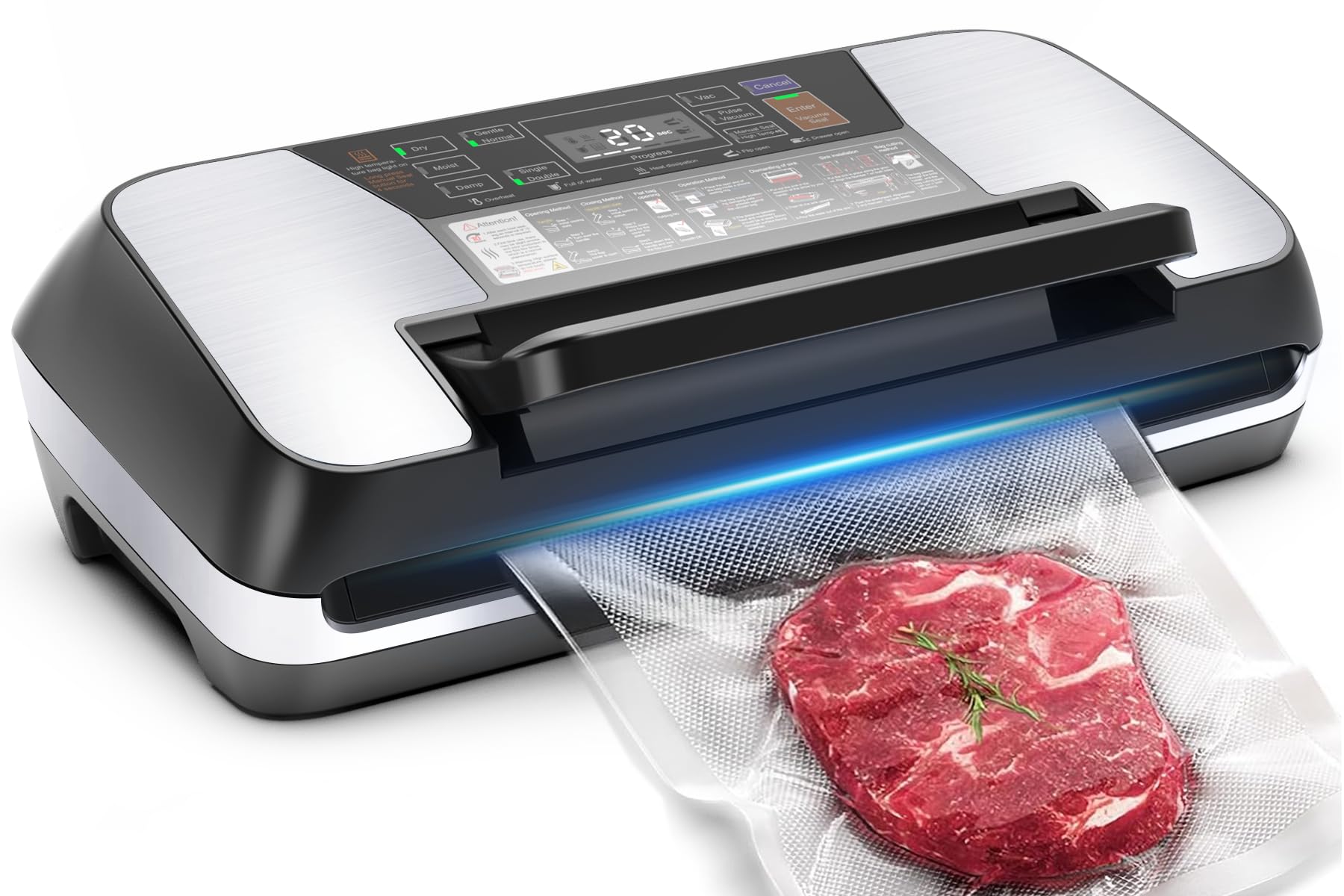 Commercial Food Vacuum Sealer Machine 230W with Double Heat Seal - 12 Functions, Easy Lock Handle, Includes 1 Roll & 10 Pre-cut Bags - Perfect for Meal Prep, Sous Vide, Food Storage & Freezing - Progress Display for Easy Monitoring