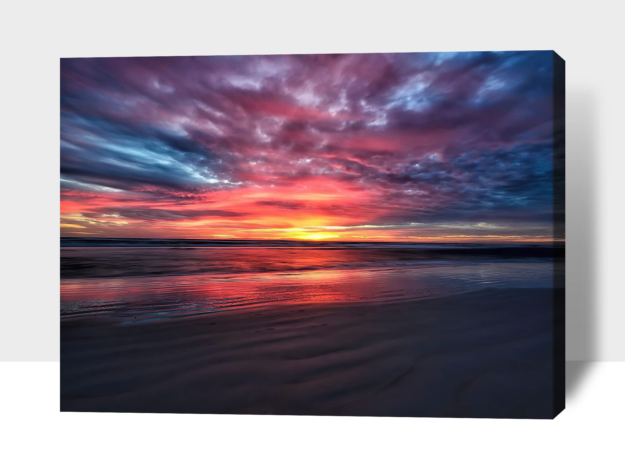 Extra Large Sunset and Beach Canvas Wall Art - 32x48 Inch Framed Coastal Ocean Painting for Living Room Decor | Red Seascape Wall Decor, Modern Canvas Print for Bedroom, Office & Home Decoration | Perfect for Coastal, Nautical or Beach House Themes