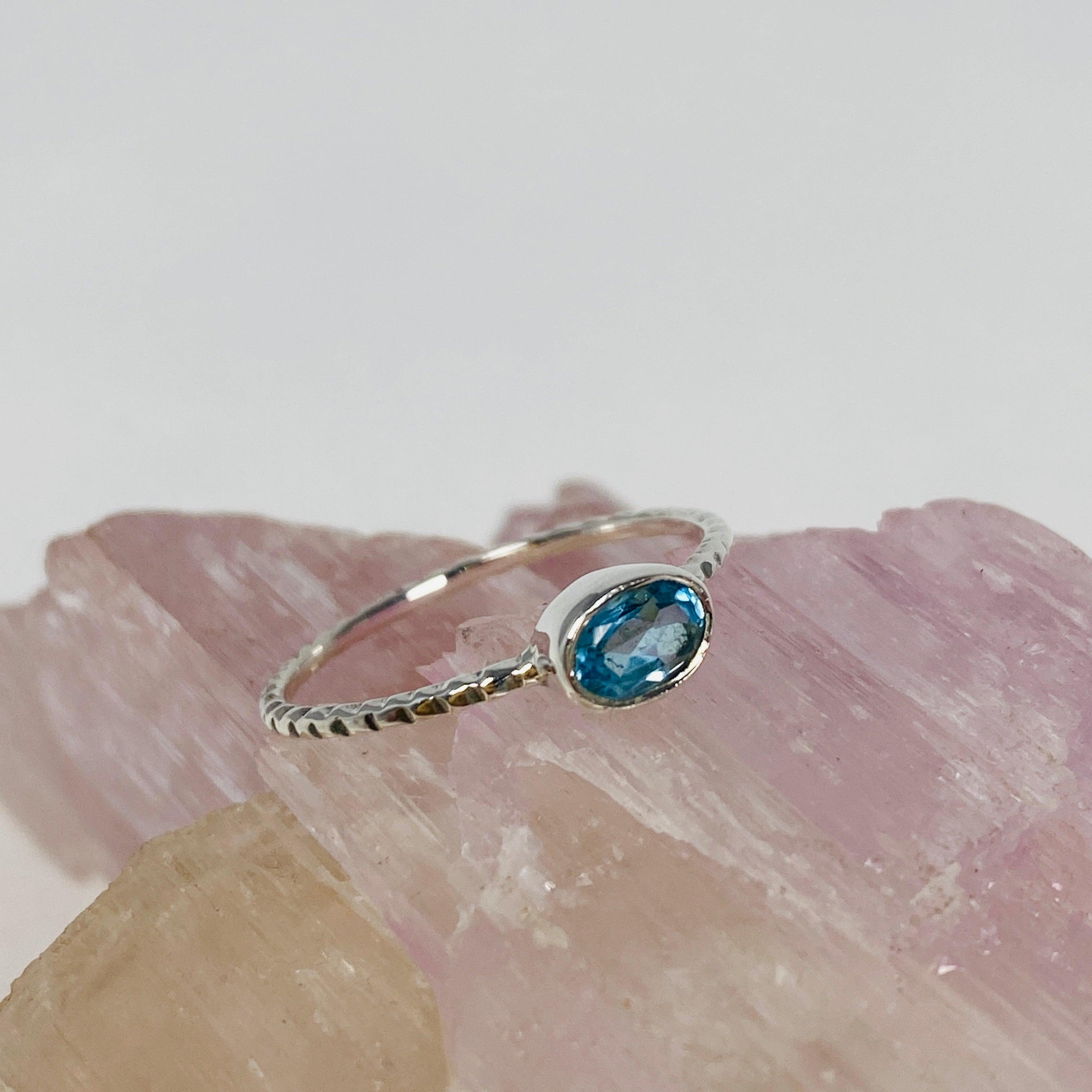 Blue Topaz Oval Faceted Sterling Silver Fine Band Ring - Size 7.5 - Elegant Birthstone Jewelry for Women - Perfect for Anniversary Gifts & Special Occasions