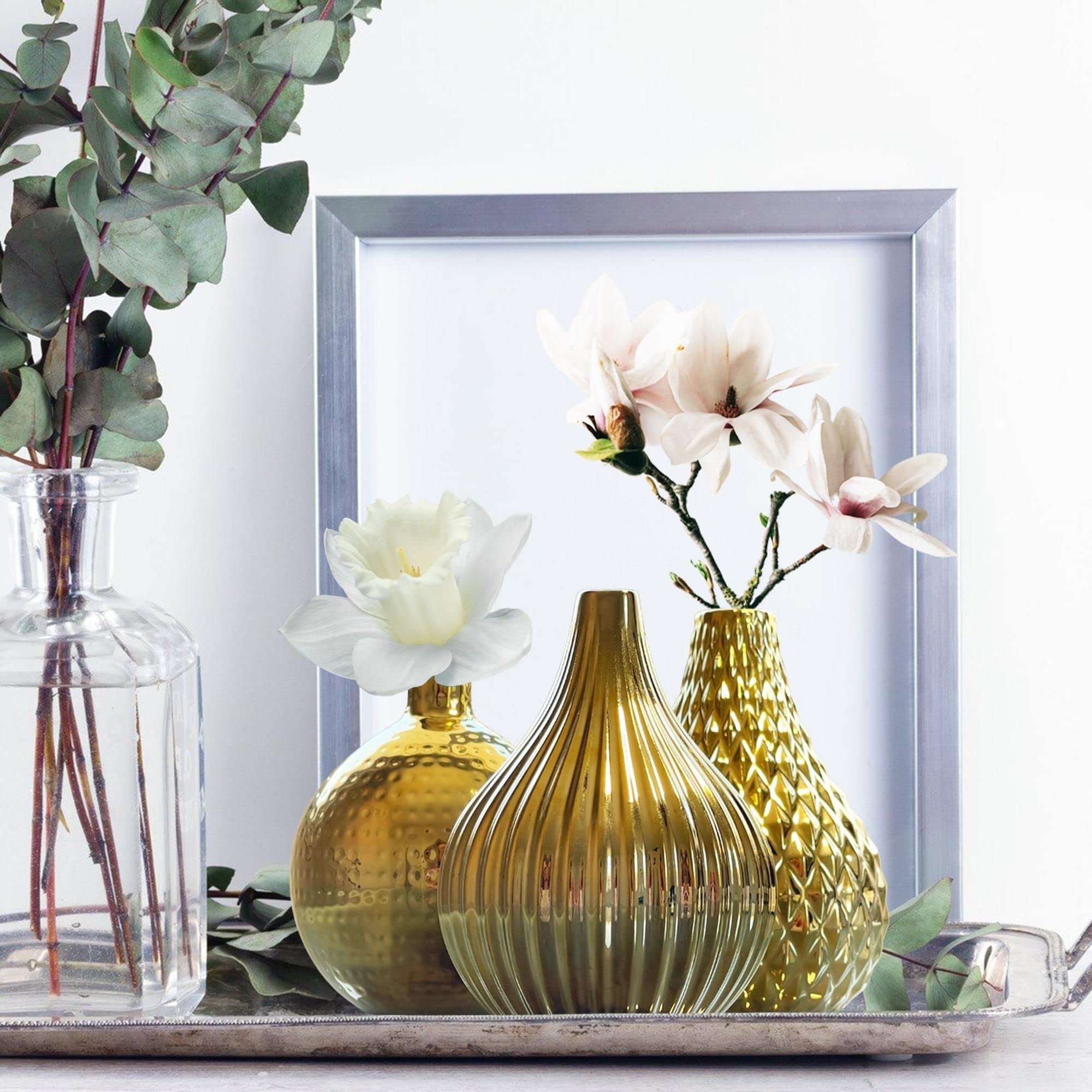 Zensational Ceramic Gold Vase Set of 3 - Diamond, Spot, Stripe Design - Small Decorative Flower Vases - Textured Round Mini Vases - Elegant Gold Centerpiece - Wedding Bud Vases - Perfect for Home Decor, Table Centerpieces & Special Events
