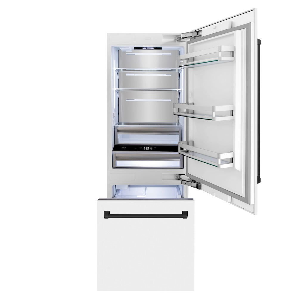 ZLINE Autograph Edition 30 Inch Built-In Bottom Freezer Refrigerator - 16.1 cu ft Capacity, Water Dispenser & Ice Maker - White Matte with Matte Black Accents (RBIVZ WM 30 MB) | Perfect for Modern Kitchens, Open Concept Homes & Luxury Appliances Collection