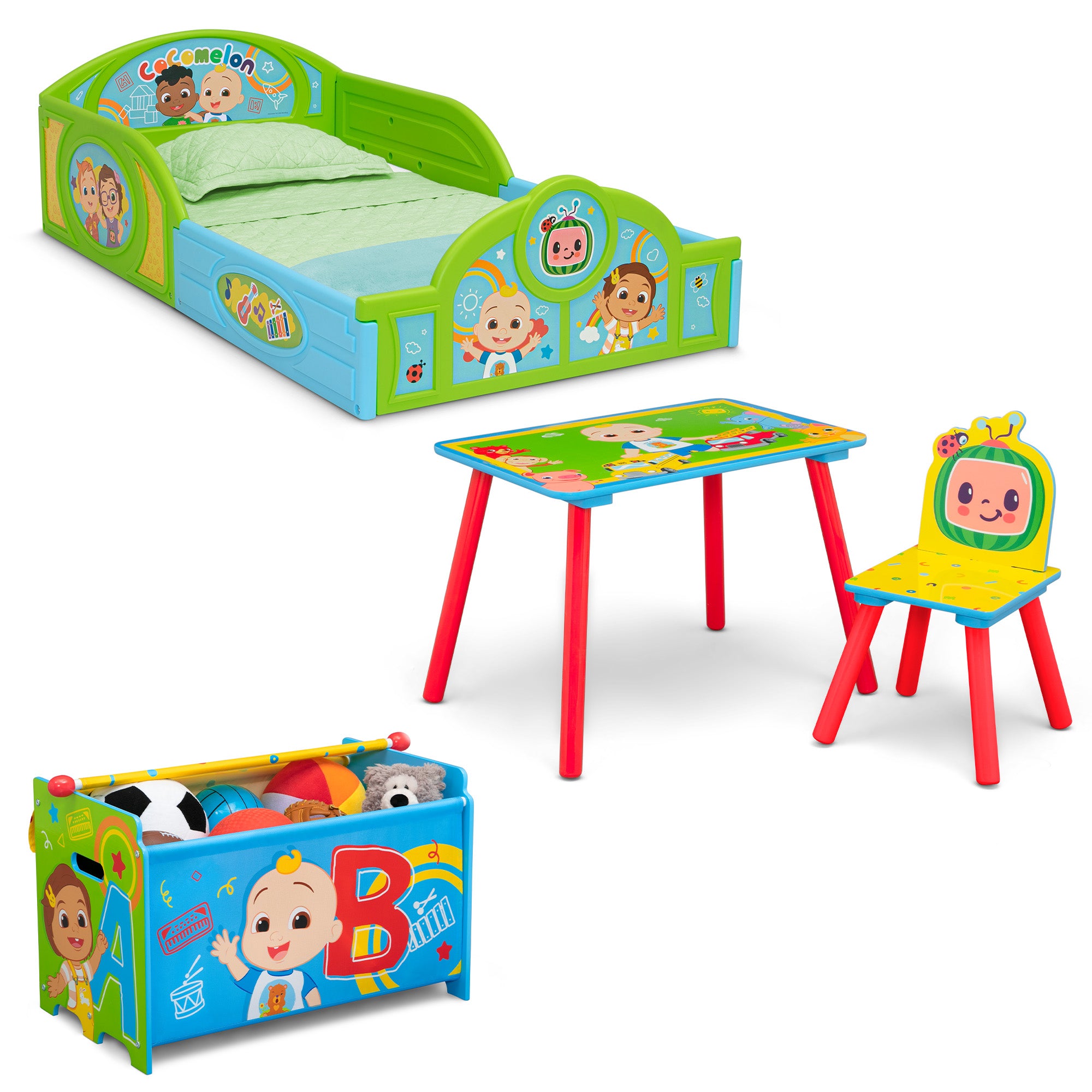 CoComelon 4-Piece Toddler Room Furniture Set - Toddler Bed, Table, Chair & Toy Box for Kids' Bedroom Decor | Perfect for Nursery, Playroom & Preschool Learning Spaces