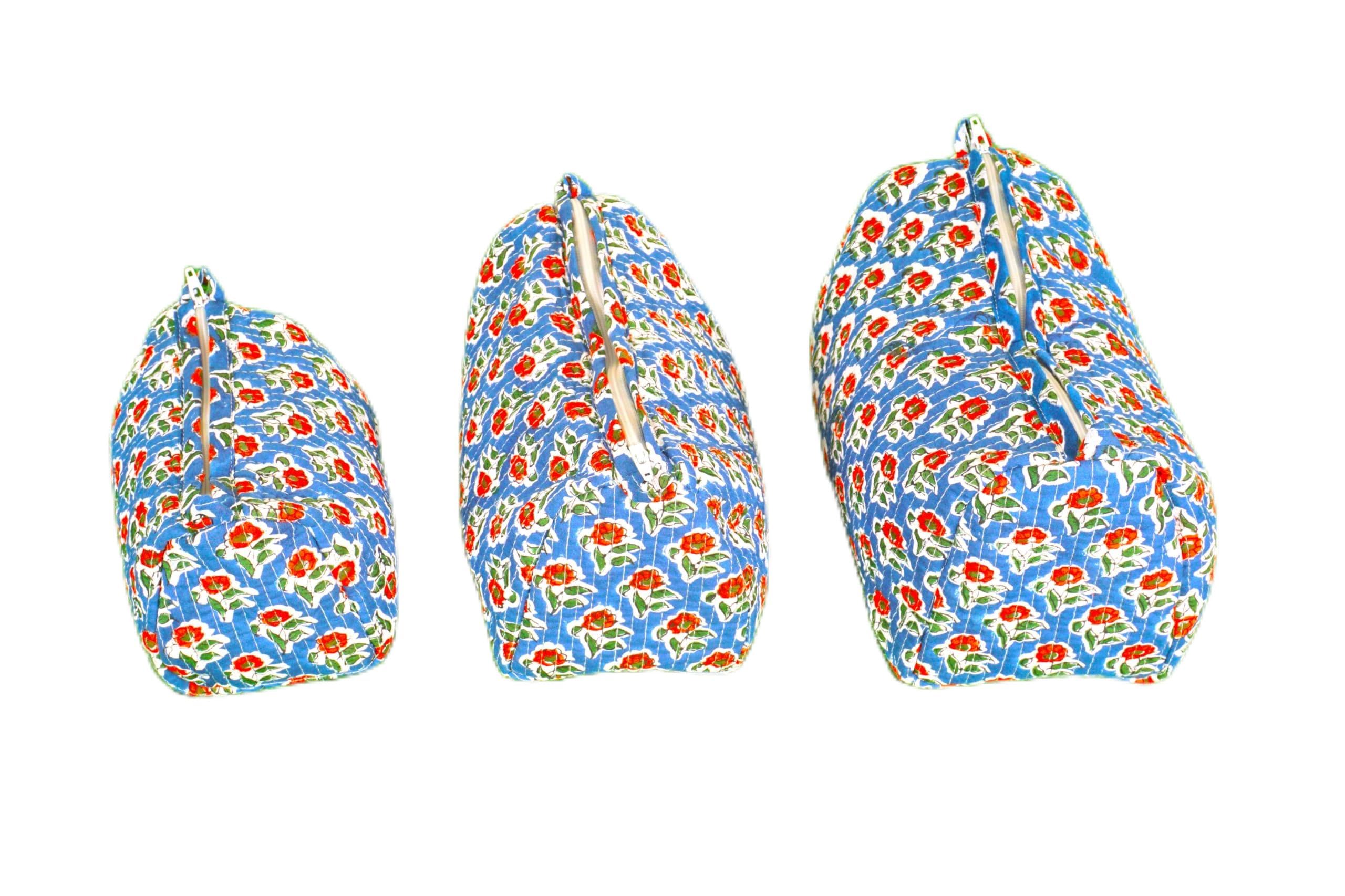 3-Piece Set Indian Handmade Cotton Quilted Floral Block Print Toiletry Bags - Cosmetic Pouch & Makeup Organizer for Women (Blue) - Perfect for Travel, Gym & Daily Essentials Storage