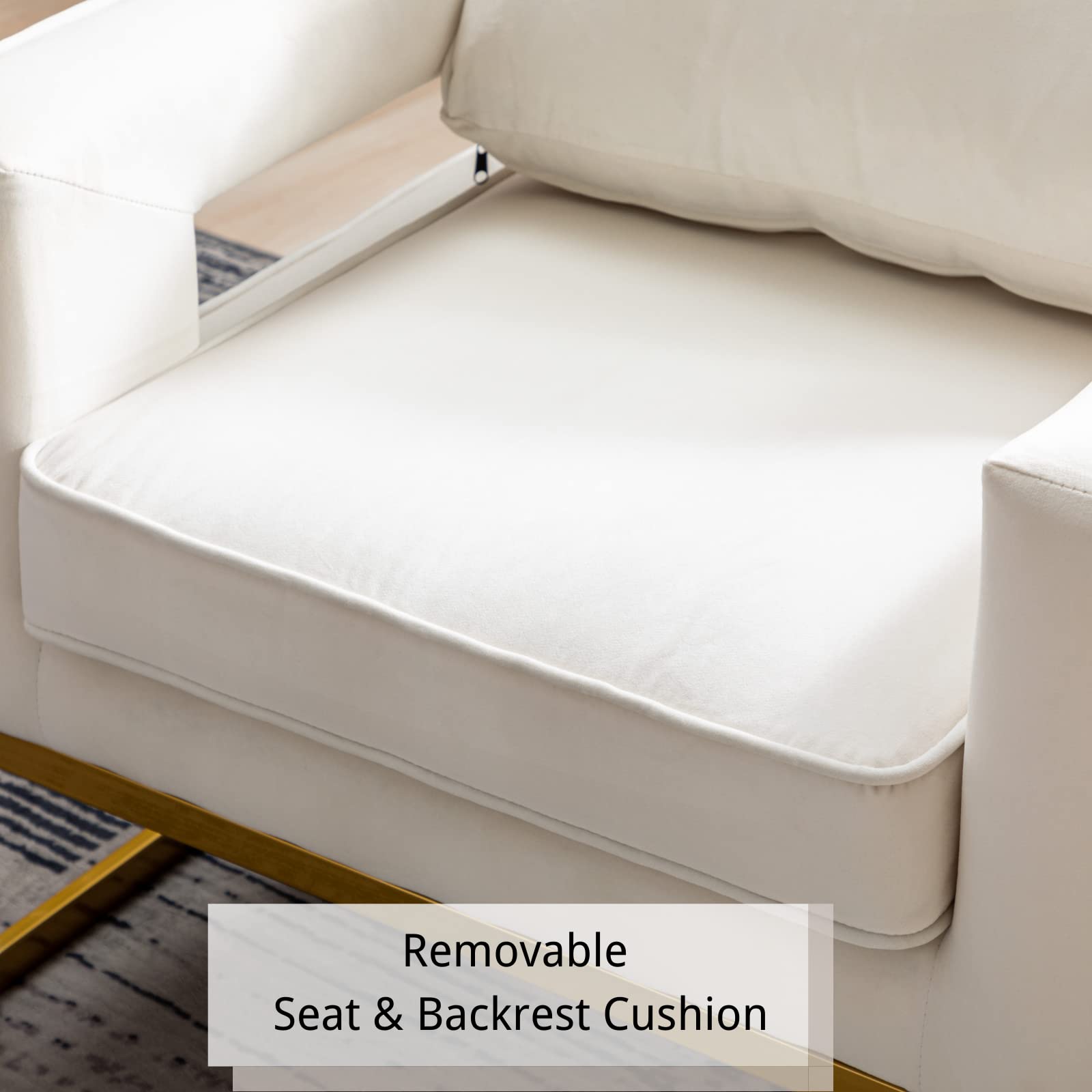 HEAH-YO Modern Velvet Accent Chair with Golden Metal Legs - Upholstered Armrest Living Room Chair, Small Comfy Side Chair for Bedroom in White - Perfect for Home Decor, Lounge Seating & Guest Room Furniture