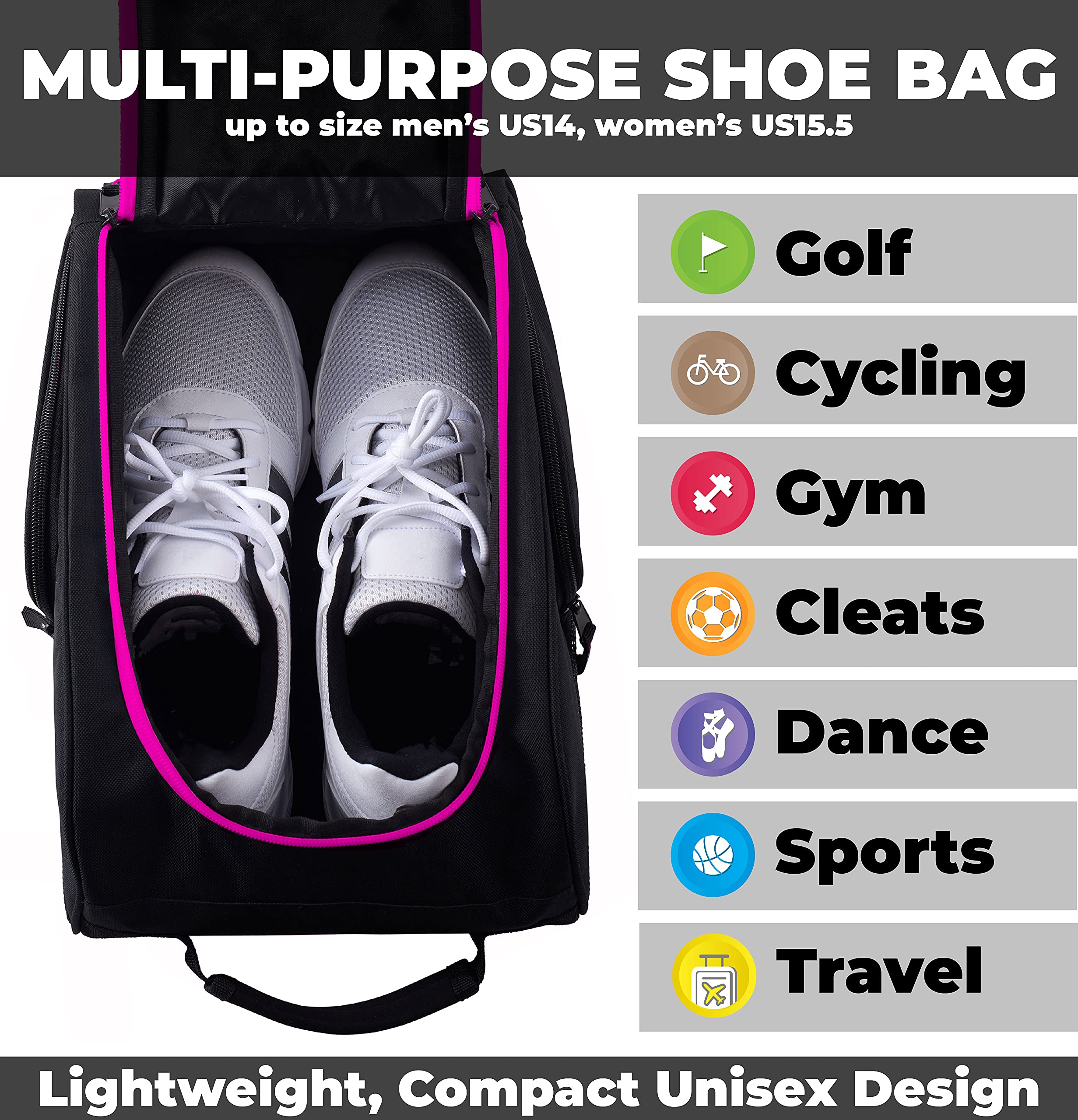 Athletico Golf Shoe Bag - Premium Zippered Shoe Carrier with Ventilation & Exterior Pocket for Socks, Tees & Accessories (Black/Pink) - Perfect for Golf Courses, Travel & Gym Storage