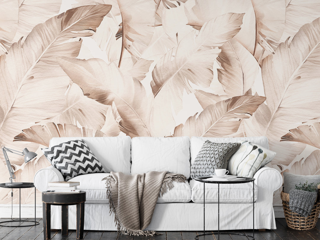 Beige Banana Leaves Wall Mural WM021 - Self-Adhesive Peel & Stick Wallpaper for Home Decor - Perfect for Living Room, Bedroom, Nursery or Office