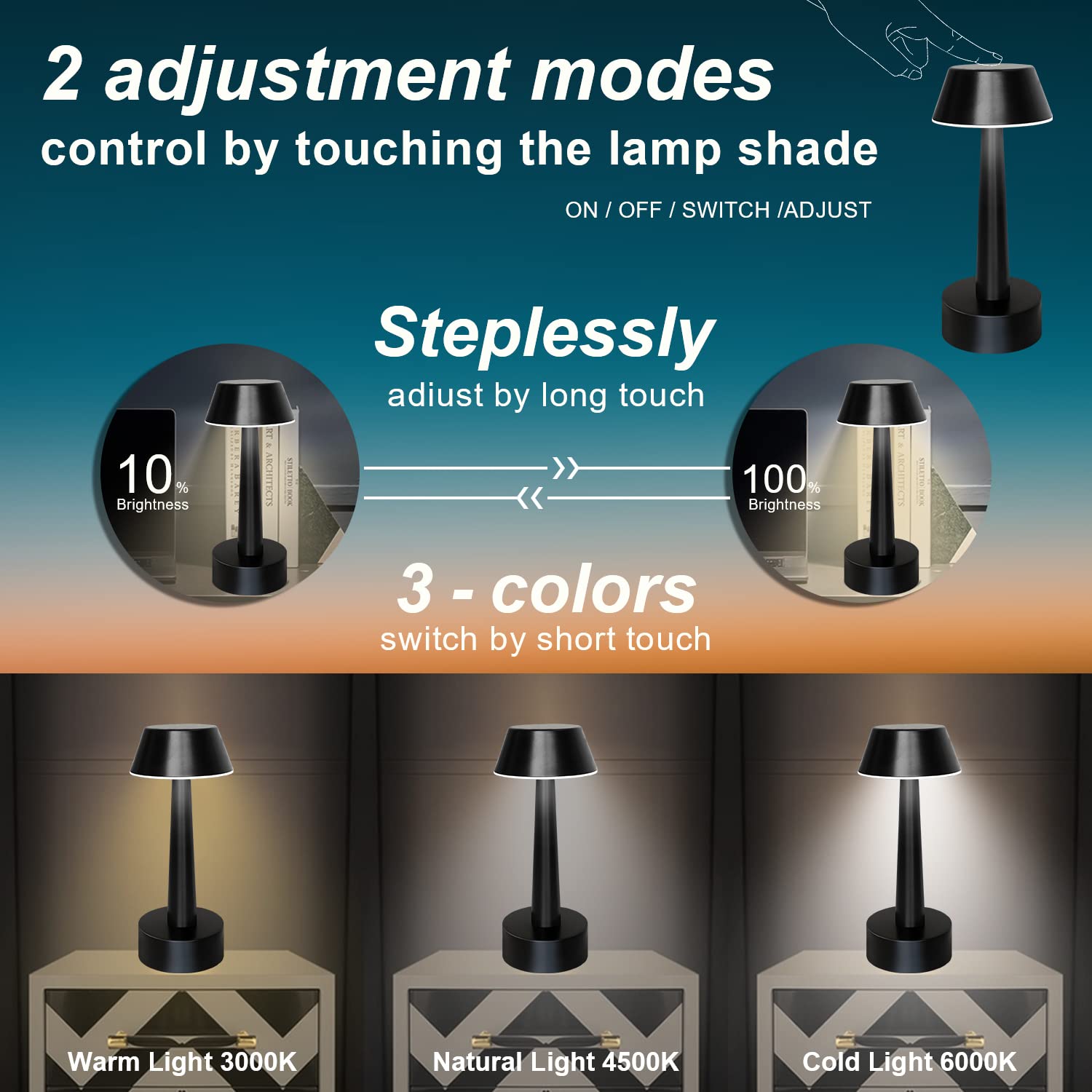 Egobasic Rechargeable Cordless Small Table Lamp - Portable Battery Operated Touch Control 3-Way Dimmable Night Light - Metal Bedside Lamp for Bedroom, Living Room, Office, Hotel & Restaurant Decor (Black) | Perfect for Reading, Relaxing & Ambient Lighting
