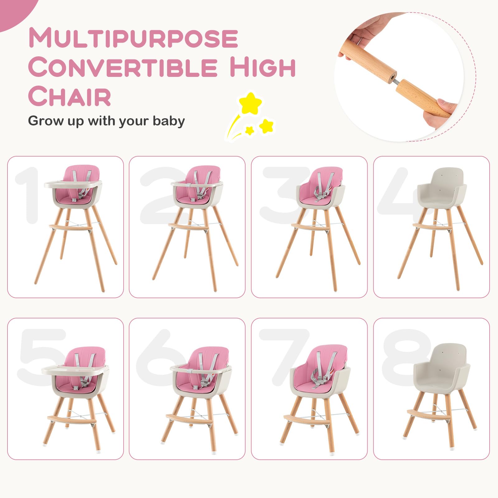 KOTEK 3-in-1 Convertible Wooden High Chair for Babies & Toddlers - Adjustable Height, 3-Position Food Tray, 5-Point Safety Harness with PU Cushion & Footrest - Pink Baby Dining Chair for Home, Restaurant & Daycare Use