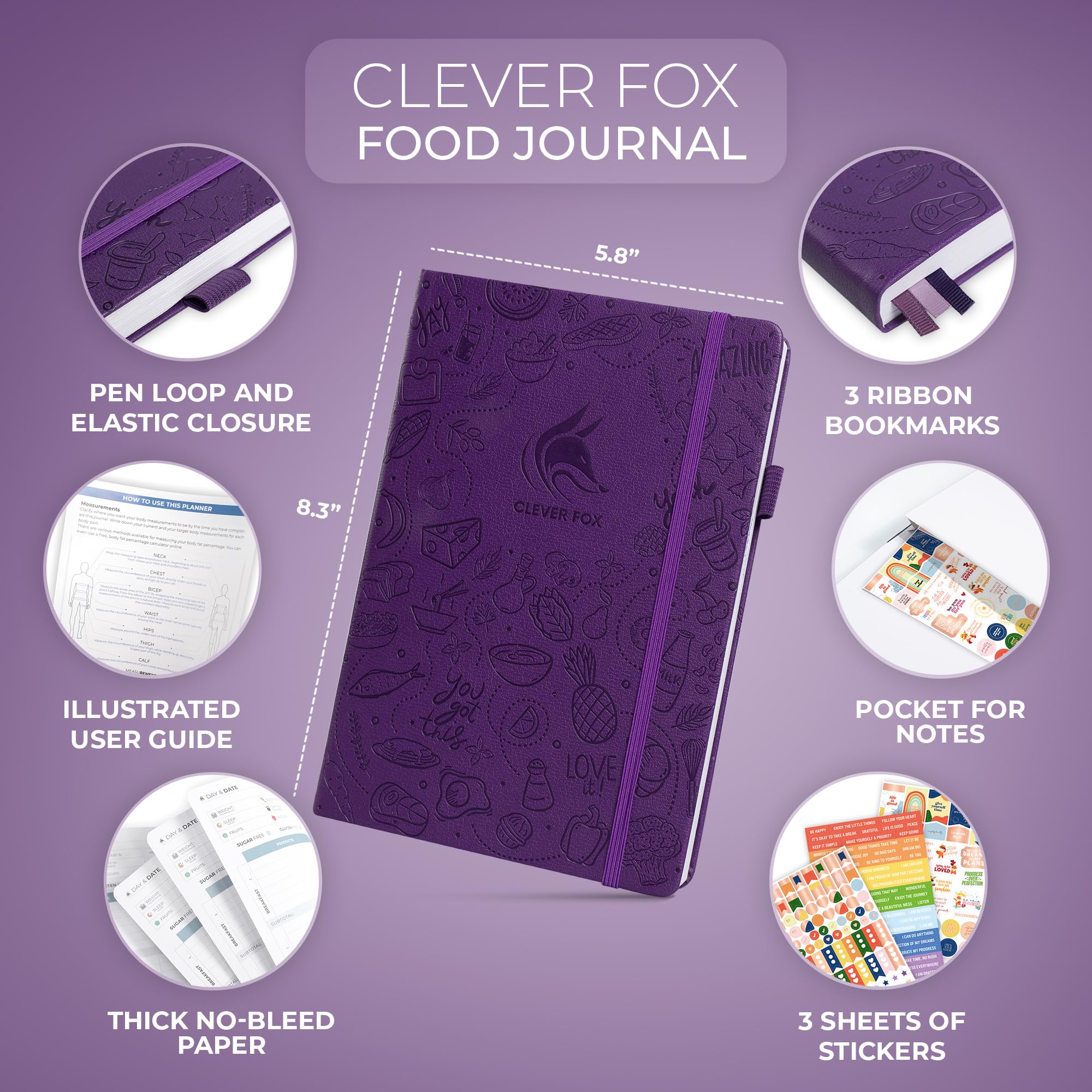 Clever Fox Food Journal - A5 Meal Planner for Calories & Nutrients Tracking (Purple) - Perfect for Weight Loss & Diet Management