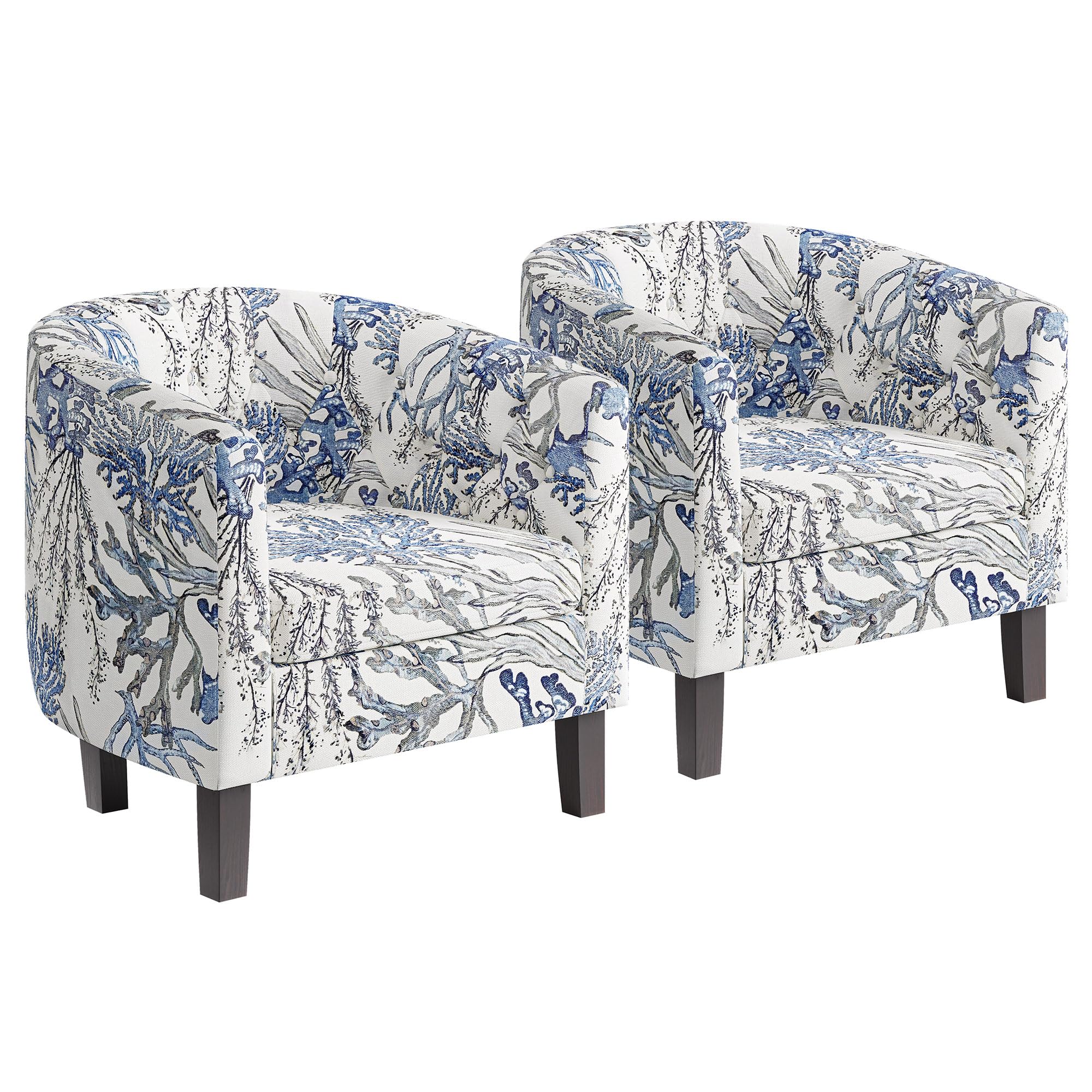 BELLEZE Accent Chairs Set of 2, Elegant Upholstered Tufted Barrel Armchairs with Sturdy Legs - Blue Coral Linen Fabric, Perfect for Living Room, Bedroom & Home Office Decor