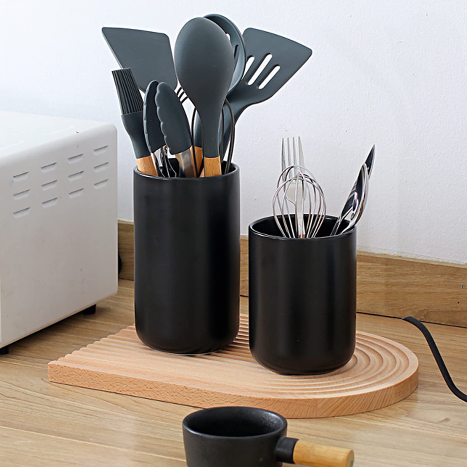 5.3 Inch Small Black Ceramic Kitchen Utensil Holder - Countertop Cooking Tool Organizer & Storage Caddy - Perfect for Spoons, Spatulas & Kitchen Decor