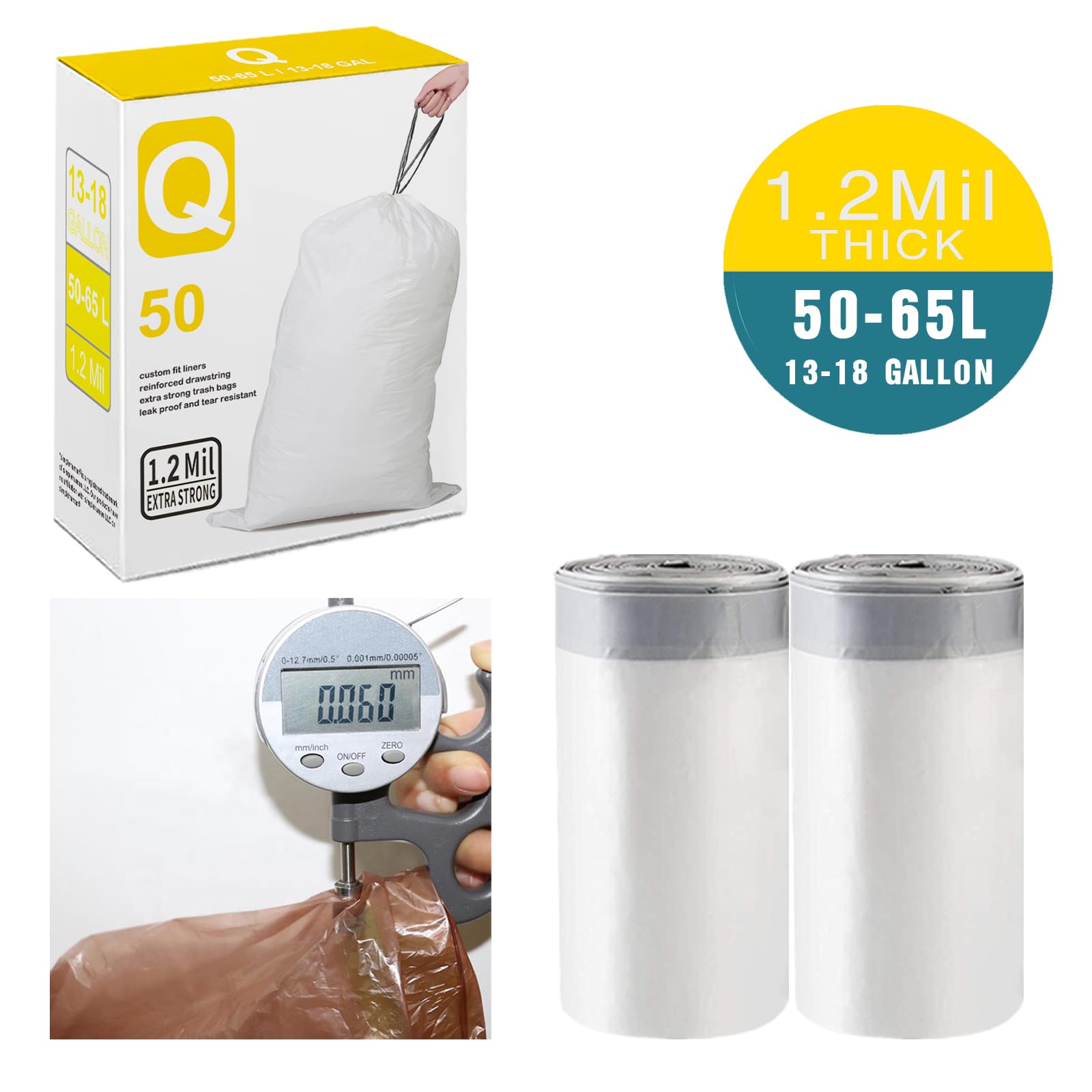 Code Q 2-Pack (100 Count) 13-17 Gallon Heavy Duty 1.2 Mil Thick Plastic Trash Bags with Reinforced Drawstring - Leak Proof & Tear Resistant - Compatible with Simplehuman Trash Cans - Perfect for Kitchen, Bathroom & Office Waste Disposal