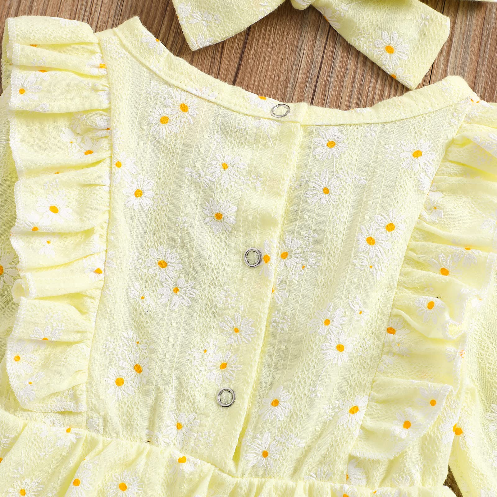 Baby Girls' Long Sleeve Daisy Print Bodysuit & Ruffle Dress Romper Set with Headband - Spring & Fall Outfit for Infants, Photo Shoots, Parties & Daily Wear