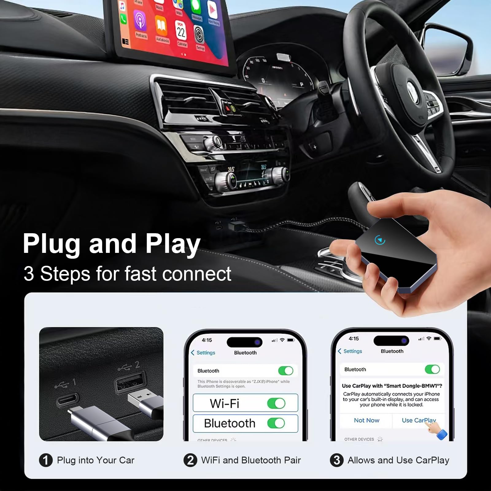 Apple MFi Certified Wireless CarPlay Adapter for iPhone - 2025 Upgraded Wired to Wireless CarPlay Converter | Compatible with iPhone iOS 10+ & Cars from 2015 | Seamless Hands-Free Calling, Music & Navigation for Safer Driving