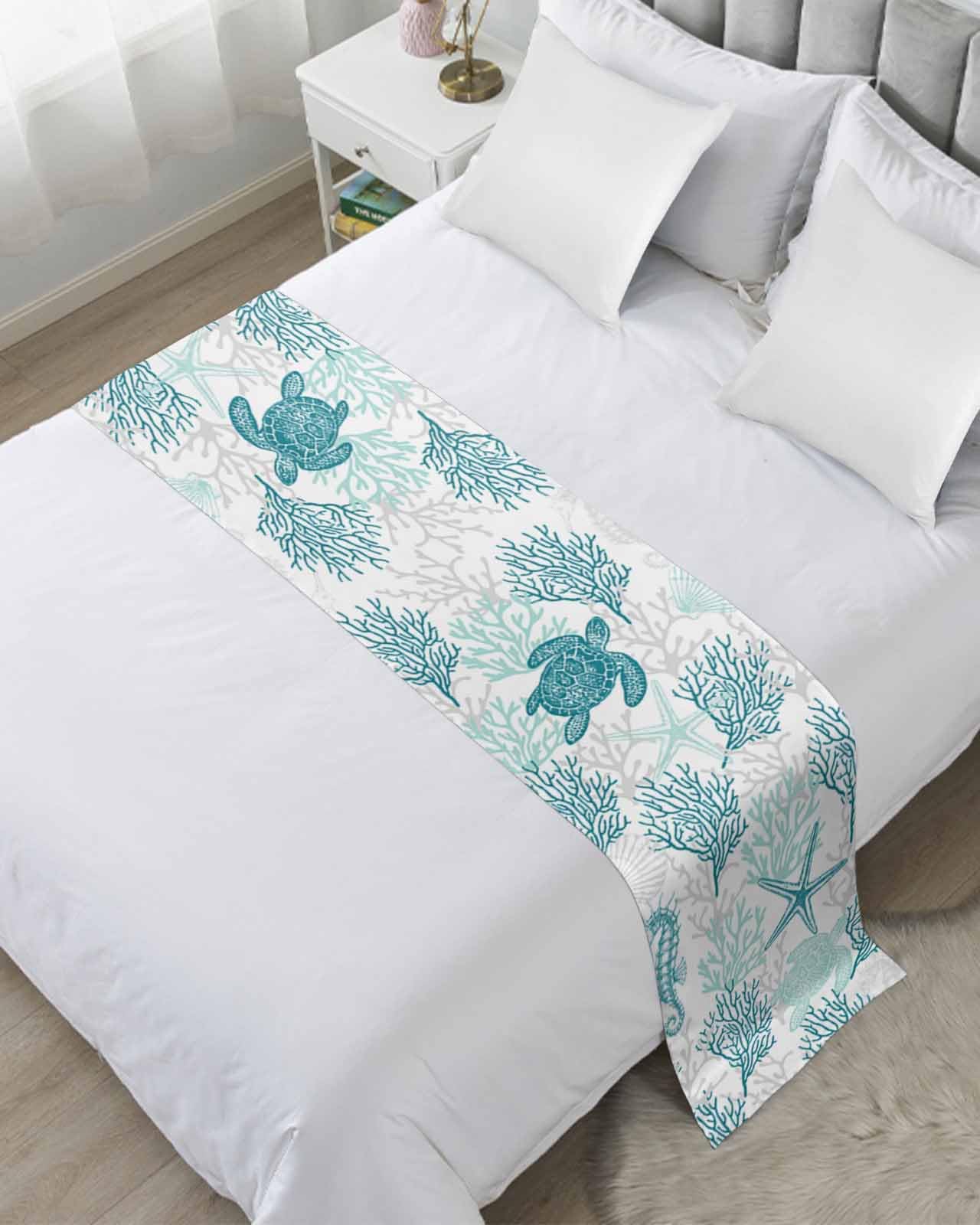 Turquoise Coastal Bed Runner for Full/Queen Size Bed - 83x20 Inch Nautical Sea Turtle Design Bedspread Protector, Slipcover & Bed Scarf - Perfect for Beach House, Hotel Rooms, Wedding Decor & Summer Bedroom Styling