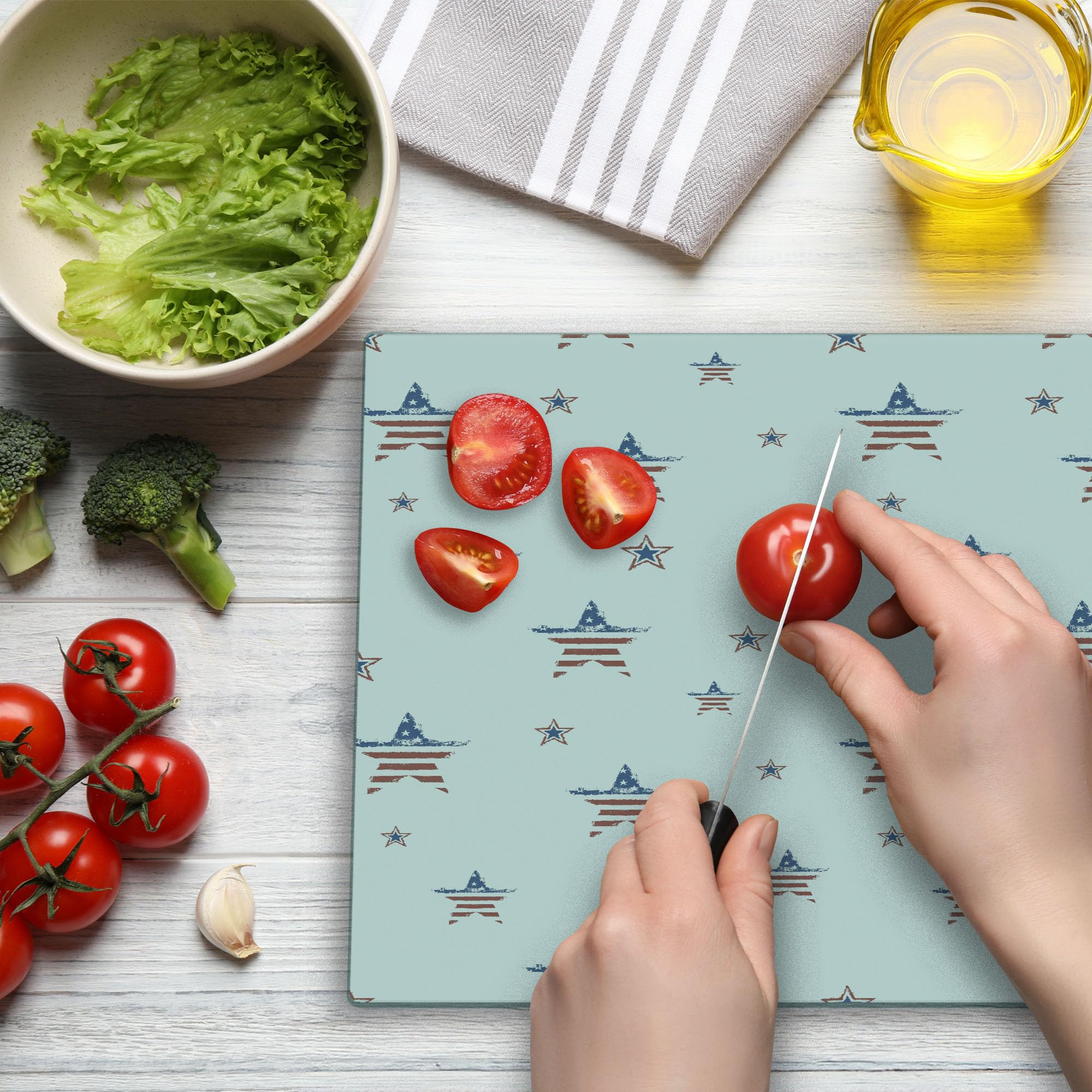 Ambesonne 4th of July Patriotic Cutting Board - American Flag & Stars Tempered Glass Serving Board - Large Size (Ruby, Navy Blue, White) - Perfect for Independence Day Parties, BBQ Serving & Kitchen Decor