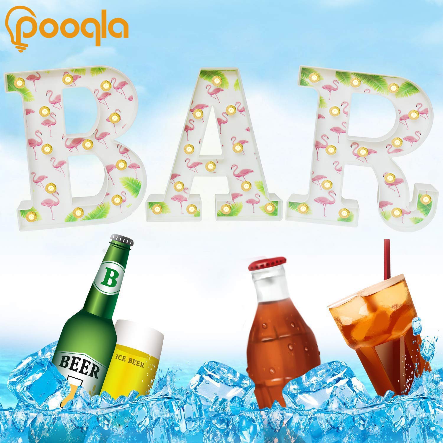 Pooqla Marquee LED Letter Lights - Tropical Luau Party Decor with Flamingos & Palm Trees | Hawaiian Themed Birthday Party Supplies, Bedroom Wall Decor & Table Centerpieces | Perfect for Beach Parties, Summer Weddings & Tiki Bar Decorations