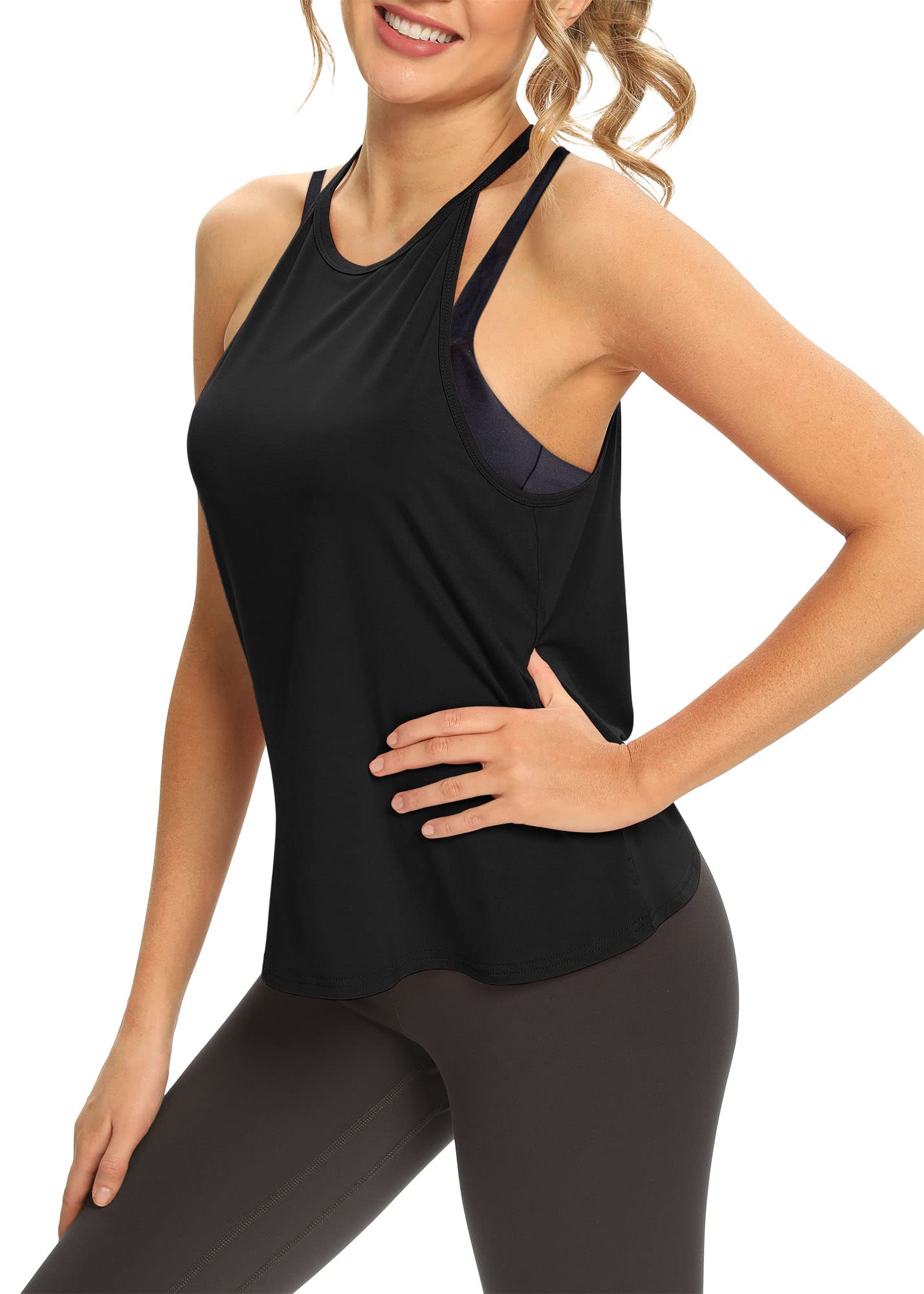 Mippo Women's Open Back Workout Tops - Sleeveless Halter Gym Athletic Tank Tops for Yoga, Running & Fitness - Loose Fit Breathable Activewear for Women