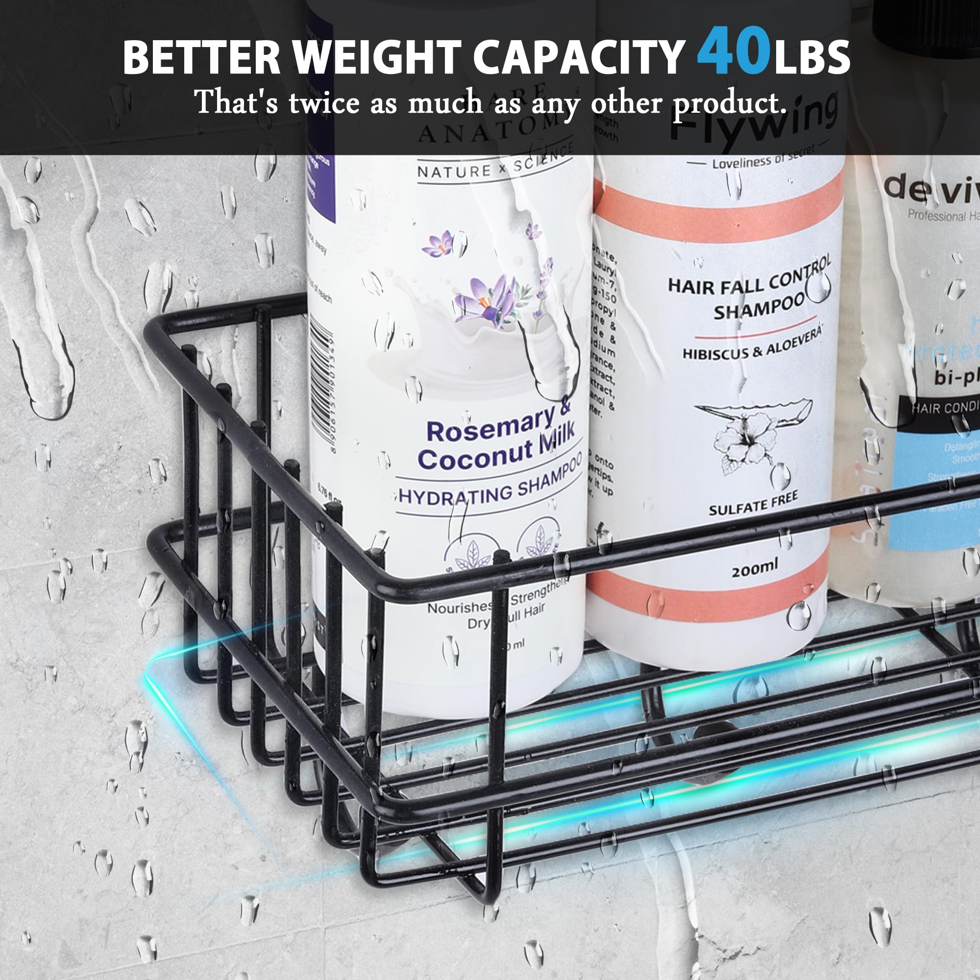 WolChen Adhesive Shampoo & Soap Holder Shelf - Wall Mount Bathroom & Kitchen Storage Organizer, Black Mild Steel - Perfect for Small Spaces, Showers, and Closet Organization