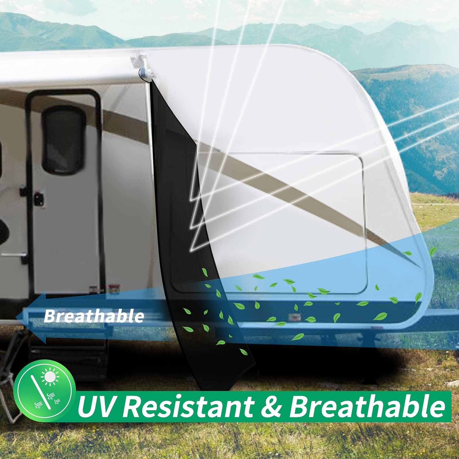 9'x7' RV Awning Side Shade Screen - Breathable Black Mesh Sunshade for Camper & Trailer Canopy - UV Protection Sun Blocker Complete Kit | Perfect for Outdoor Camping, Beach Trips & Summer Travel