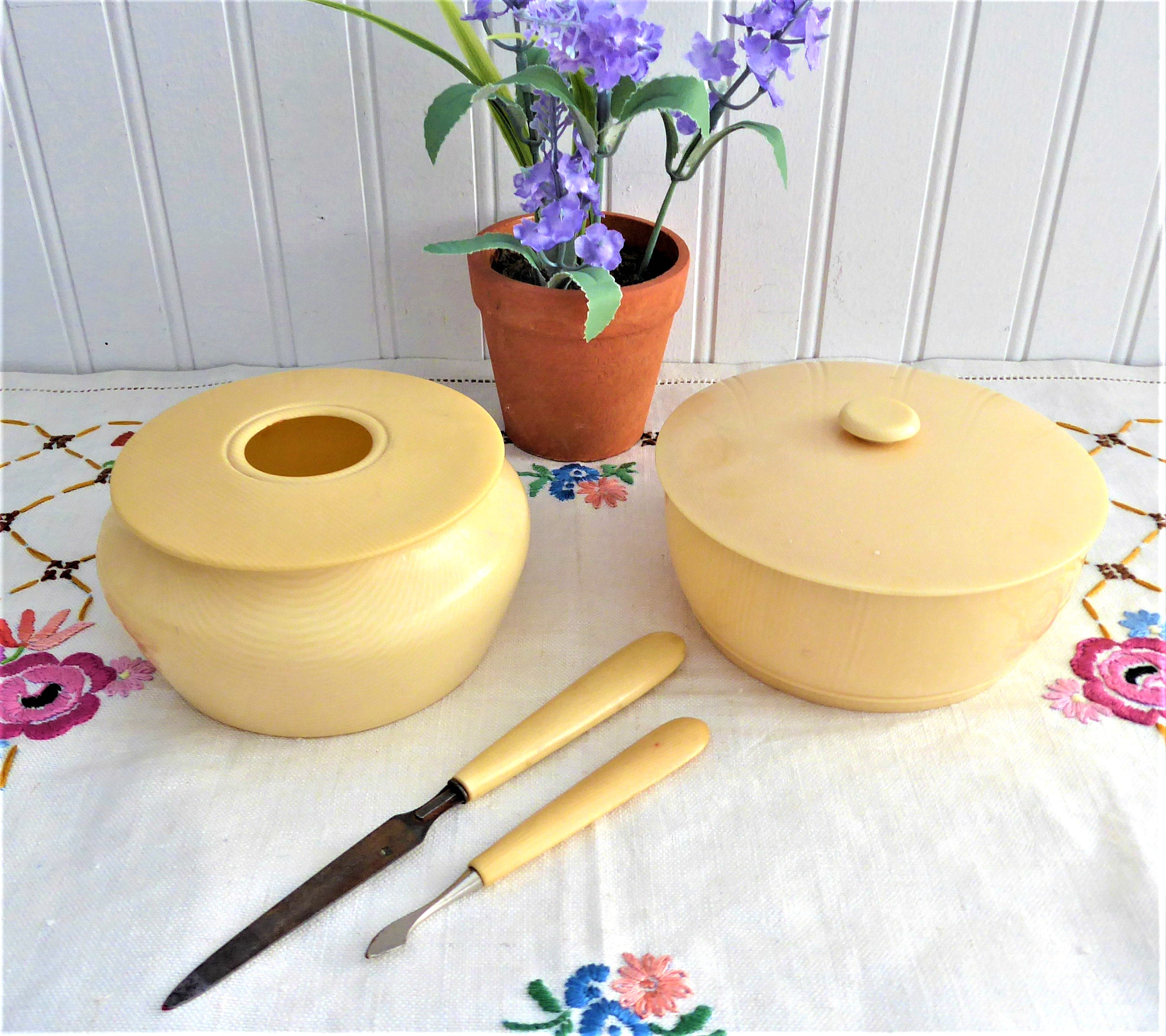 Vintage 4-Piece Antique Celluloid Vanity Set - Powder Box, Hair Receiver & Nail Tools (1900s) - Perfect for Victorian Style Dressing Tables, Collectors & Home Décor