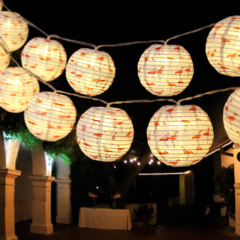 Bright Zeal 20ft Round Outdoor LED Christmas Lantern String Lights - Battery Powered Waterproof Fairy Lights for Garden, Patio, Yard - 2 Pack 10ft Flamingo Decorative Lanterns for Wedding, Party, Bedroom, Porch Decor