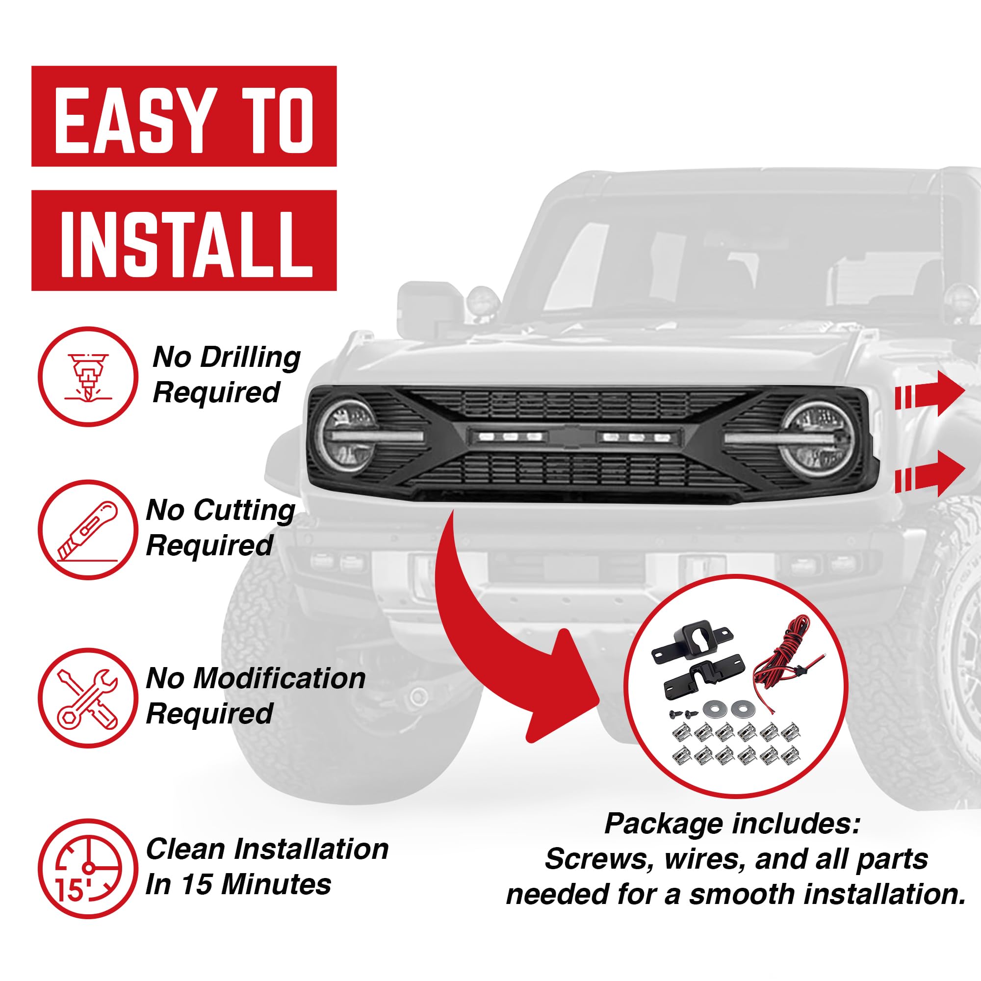 2021-2024 Ford Bronco 2 & 4 Door Matte Black Front Grille Replacement with Off-Road Lights & Camera Compatibility - Upgrade Your Bronco's Off-Road Style for Trail Adventures & Urban Driving