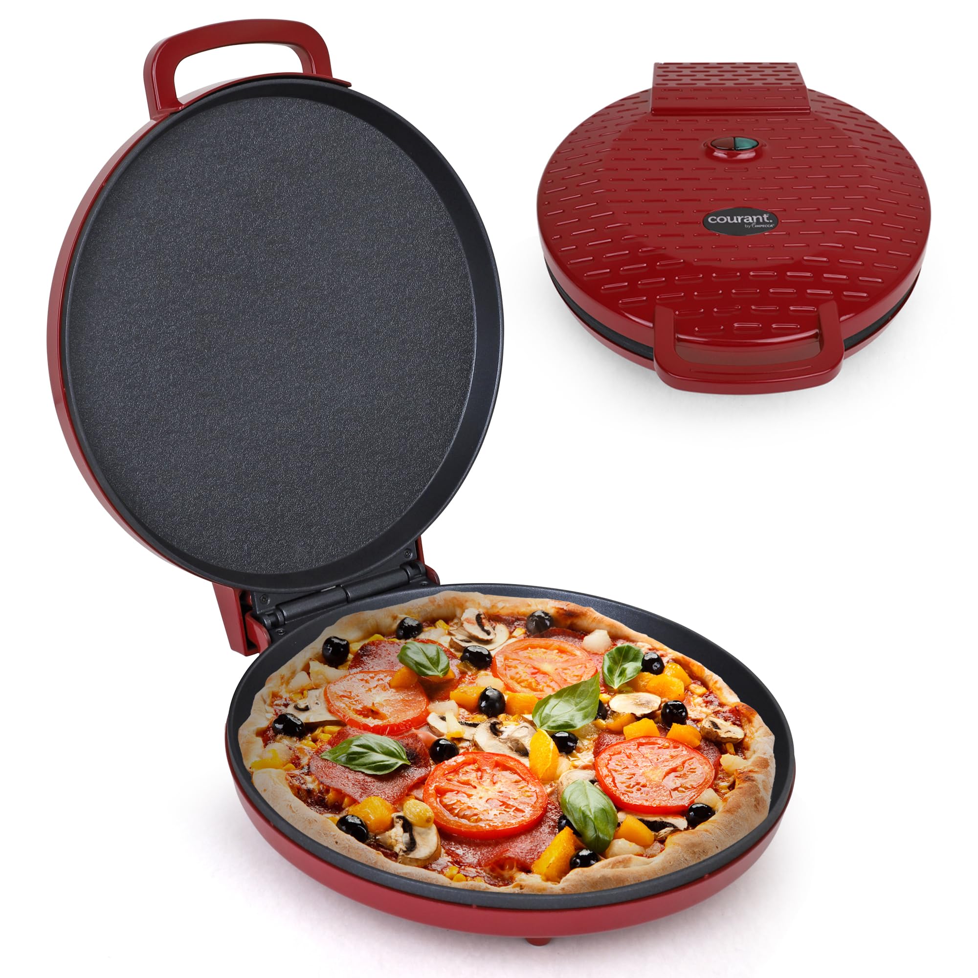 12 Inch Electric Pizza Maker & Calzone Oven - 220V Non-Stick Countertop Pizza Oven with Cool-Touch Handle (Not for USA Use) - Perfect for Home, School, Dorm & Indoor Cooking - Red