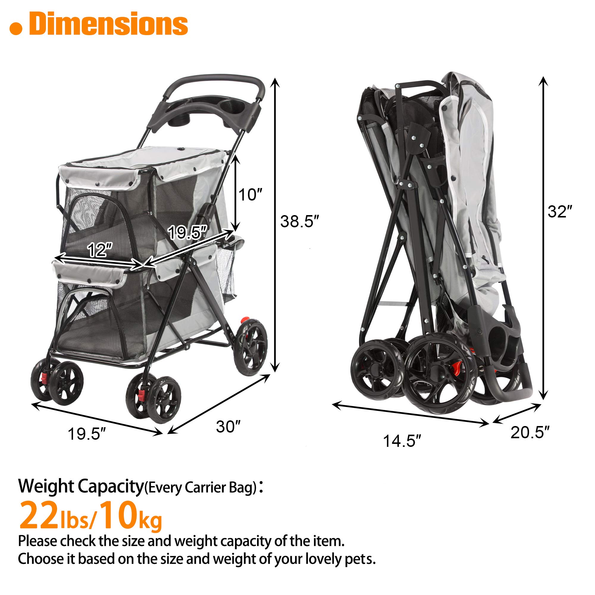 LUCKYERMORE Double Pet Stroller for 2 Cats & Dogs - 4-Wheel Foldable Cat & Dog Carrier with Cup Holders, Mesh Windows & Soft Pad - Ideal for Small to Medium Pets - Perfect for Park Walks, Vet Visits & Shopping Trips (Gray)