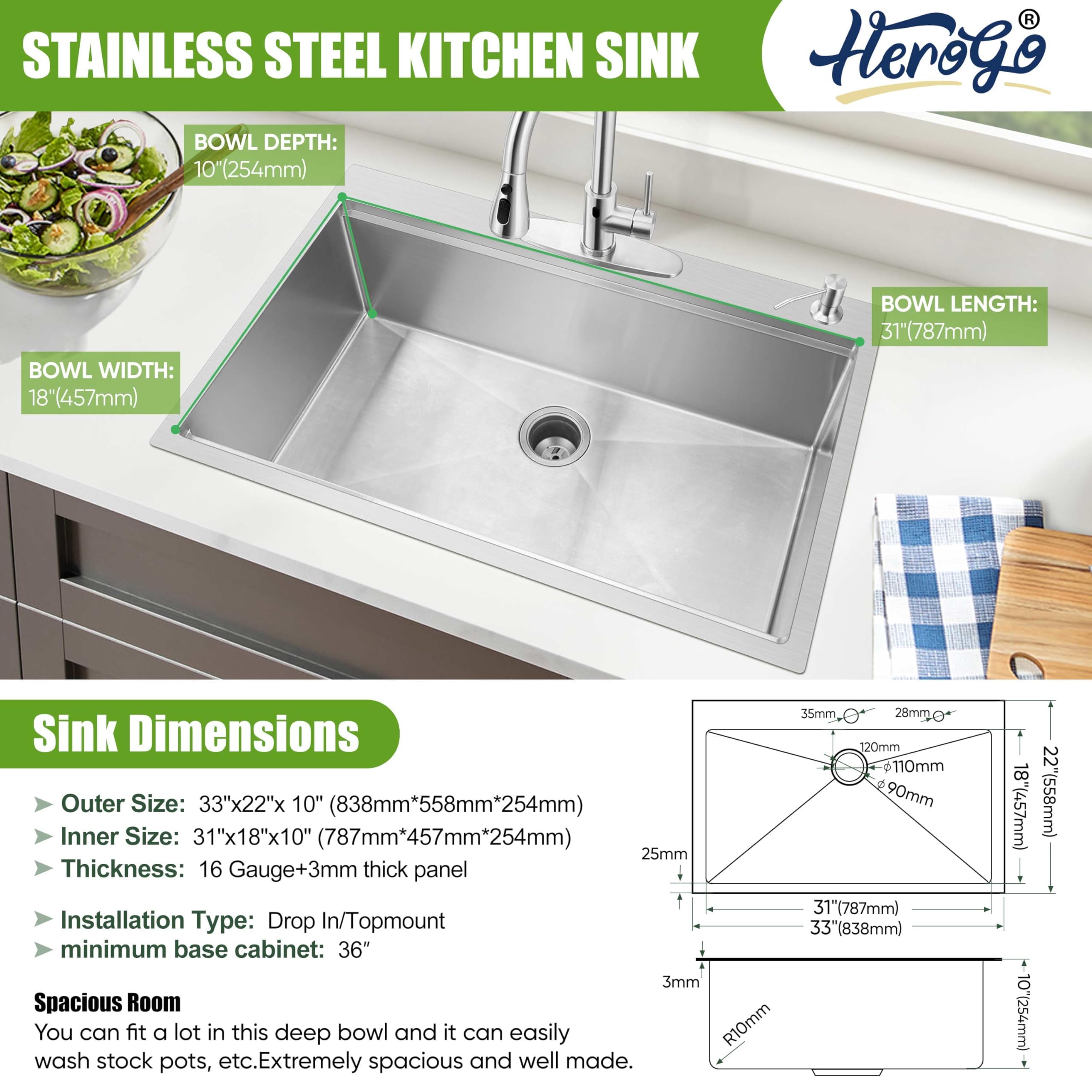 **33x22 Inch Drop-In Kitchen Sink with Touchless Faucet Combo – Herogo 18/10 Stainless Steel Single Bowl Handmade 10
