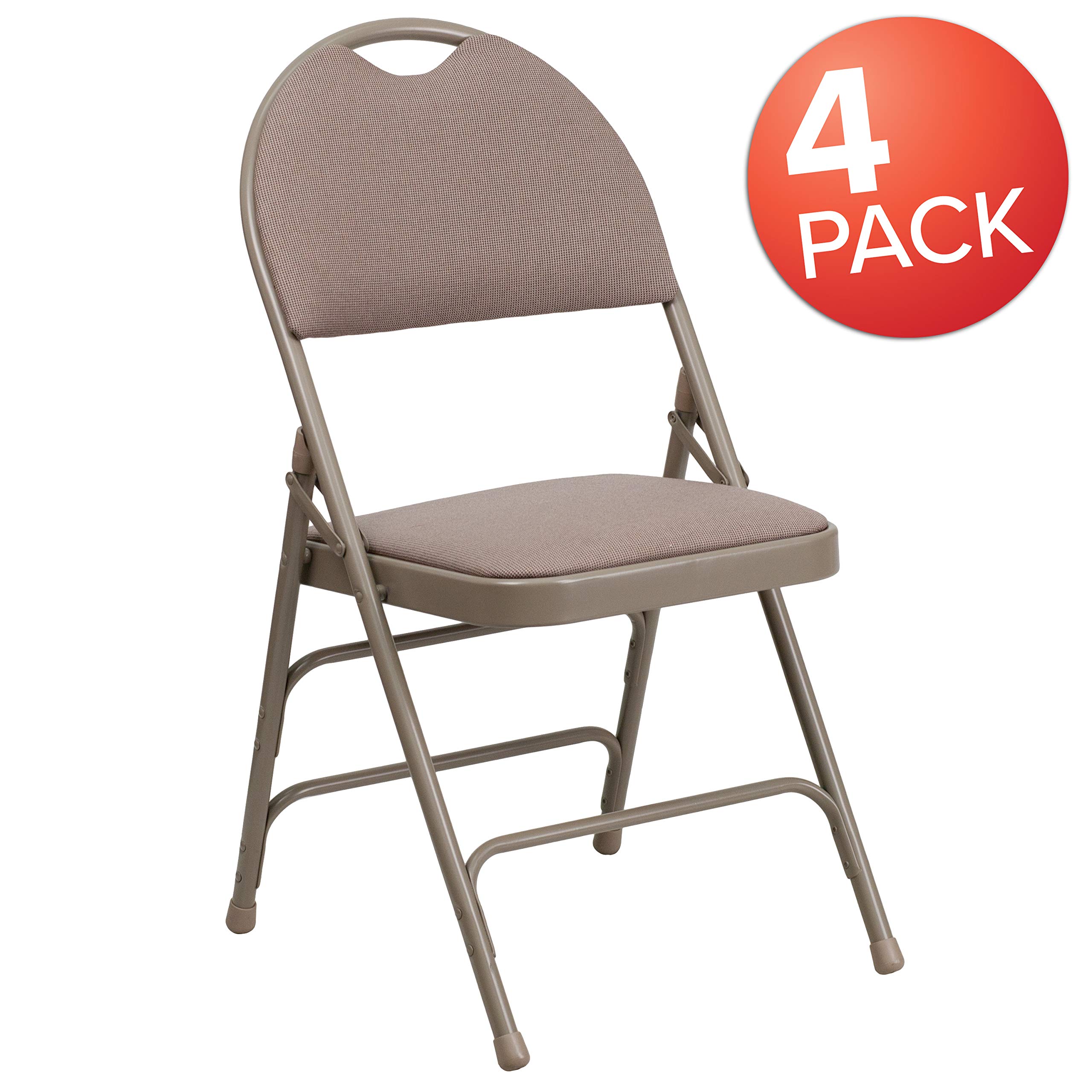 EMMA + OLIVER 4 Pack Beige Fabric Folding Chairs with Metal Frame - Lightweight & Portable for Indoor Outdoor Events, Parties, Picnics, and Camping