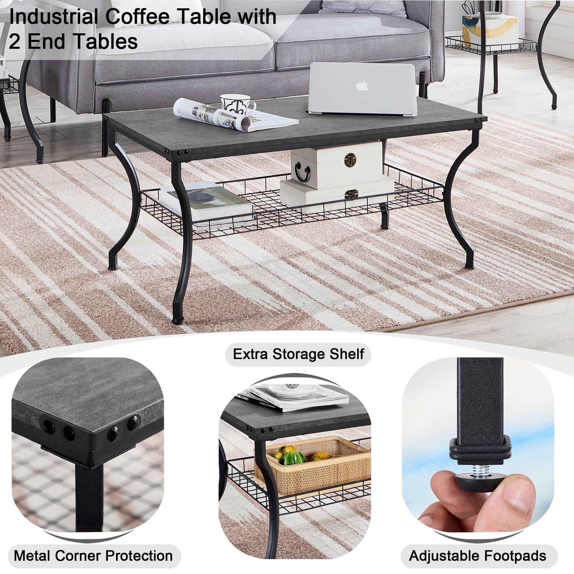 VECELO 3-Piece Living Room Set - Modern Coffee Table and End Tables with Open Storage Shelves, Easy Assembly, Dark Grey - Perfect for Apartments, Home Offices & Small Spaces | Ideal for Living Room Decor, TV Stand, and Extra Storage