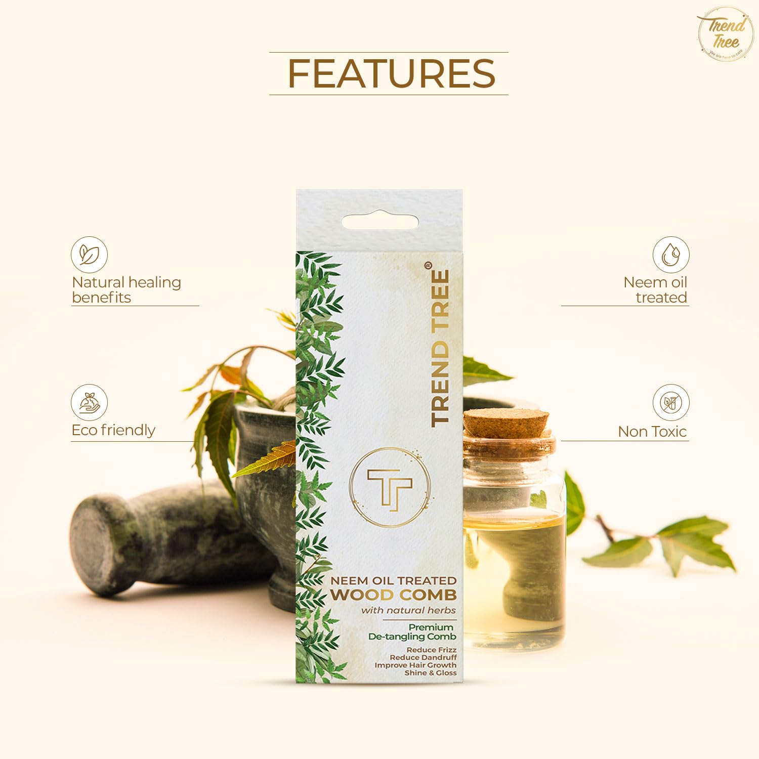 TRENDTREE® Premium Neem Wood Detangling Comb for Thick & Long Hair - Natural Herbs & Neem Oil Treated Dual Tooth Wooden Comb - Gentle Hair Care for Women & Men - Perfect for Daily Styling & Salon Use