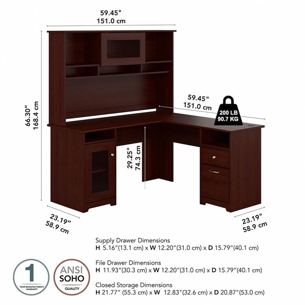 Pemberly Row Transitional Engineered Wood L-Shaped Computer Desk with Hutch in Cherry Finish - Home Office Workstation for Small Spaces & Modern Workspaces