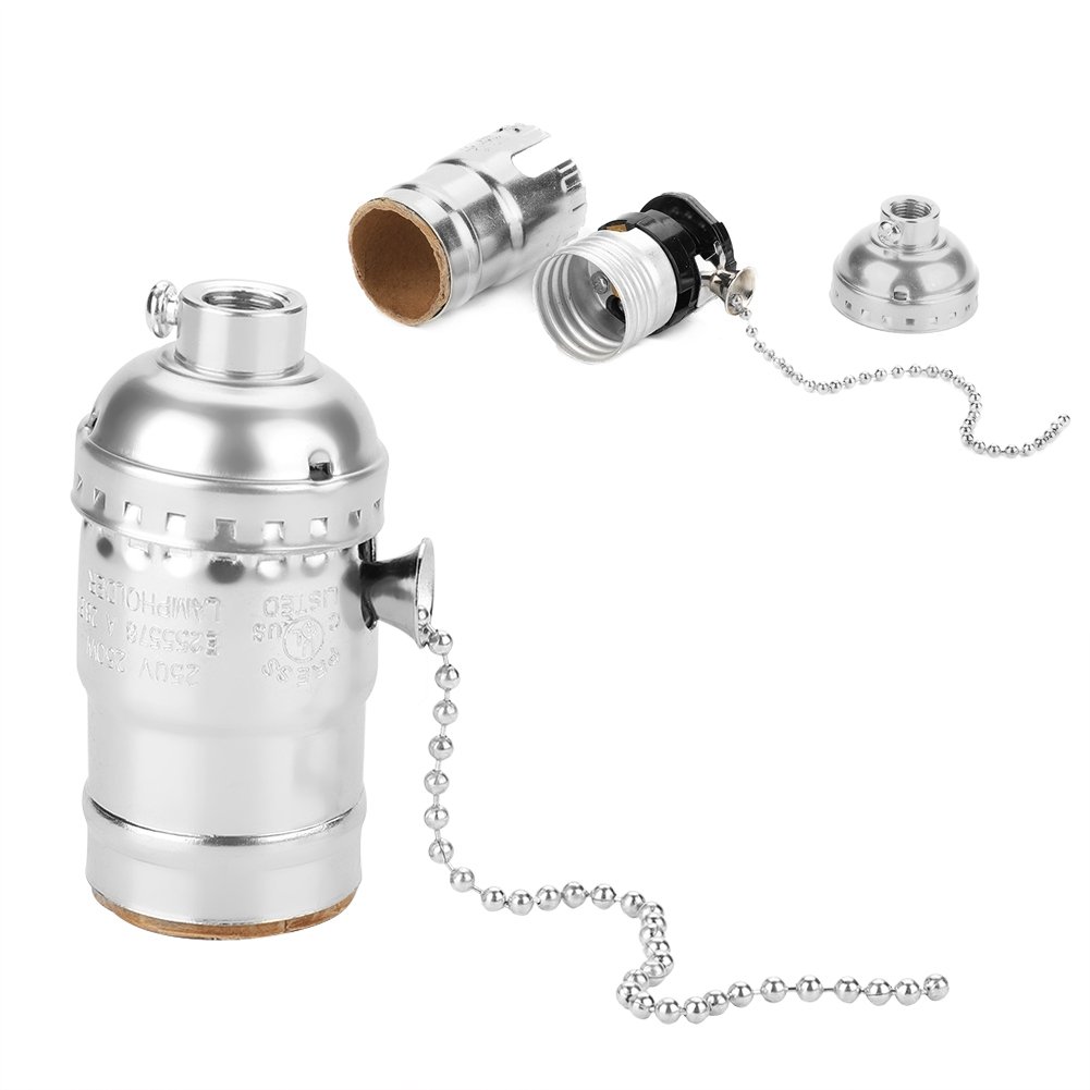 Vintage Aluminum Light Socket with Pull Chain - Screw Base Desk Lamp Holder & Switch - Silver Finish for Home Office, Bedroom, and Study Room Lighting