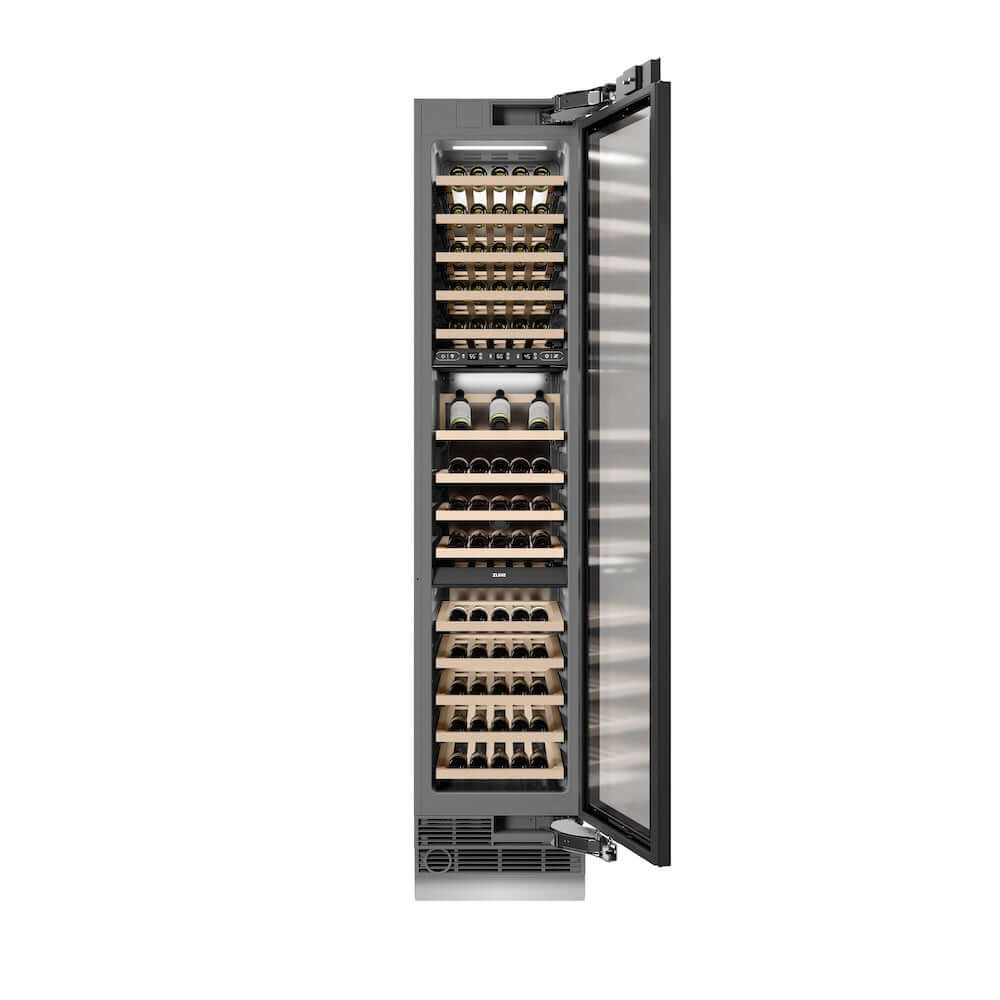 ZLINE Autograph Edition 18 Inch 9.0 Cubic Feet Triple Zone 68 Bottle Panel Ready Right Hinge Column Wine Cooler with Champagne Bronze Accents - Perfect for Home Bars, Wine Cellars, and Entertaining (RBCWVRZ 18 CB)