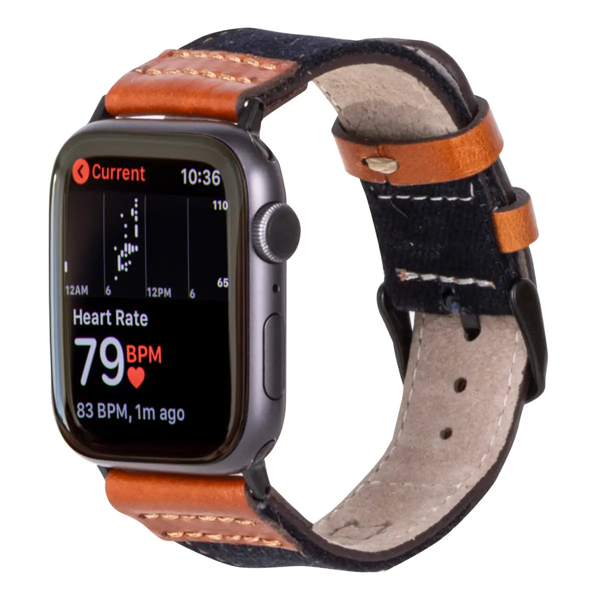Premium Black Denim & Genuine Brown Leather Apple Watch Band - Stylish & Durable Replacement Strap for Workout, Office & Casual Wear