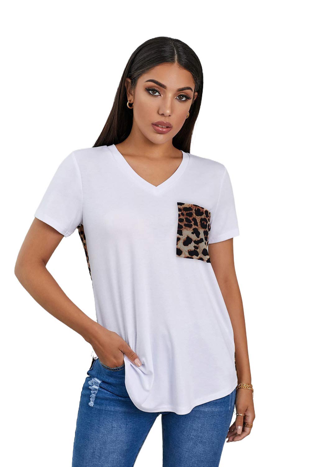 YJM Women's V-Neck Leopard Print T-Shirt | Short Sleeve Pocket Top | Summer Casual Loose Blouse | Perfect for Daily Wear, Weekend Outings & Vacation Style