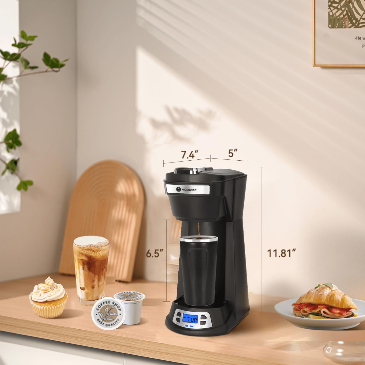 Aigostar Single Serve Coffee Maker for K-Cup & Ground Coffee - 24H Programmable Timer, 6-14 Oz Brew Size, Fast Brewing Capsule Machine with Self-Cleaning Function, Fits Travel Mugs - Perfect for Home, Office & Dorm Use
