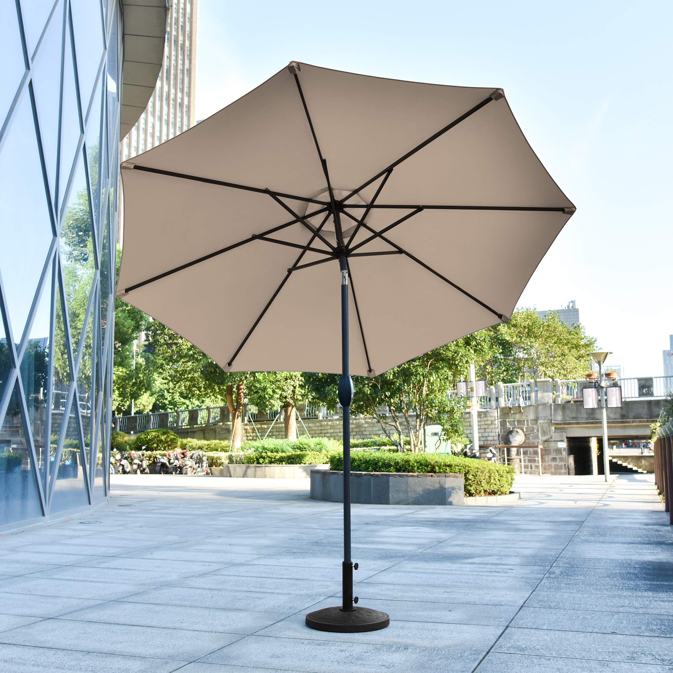 WestinTrends Paolo 9 Ft Outdoor Patio Umbrella with 30 lb Decorative Concrete Base - Beige Market Table Umbrella for Poolside, Garden, and Backyard Relaxation