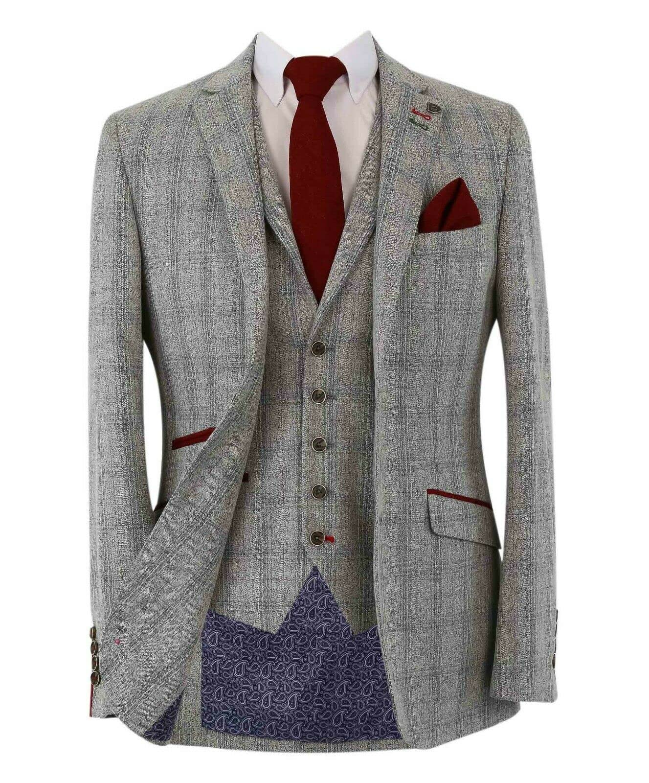 Men's Slim Fit Tweed Windowpane Check Blazer Waistcoat & Trousers Suit Set - Grey Formal Business Wedding Attire | Perfect for Office, Ceremonies and Special Occasions