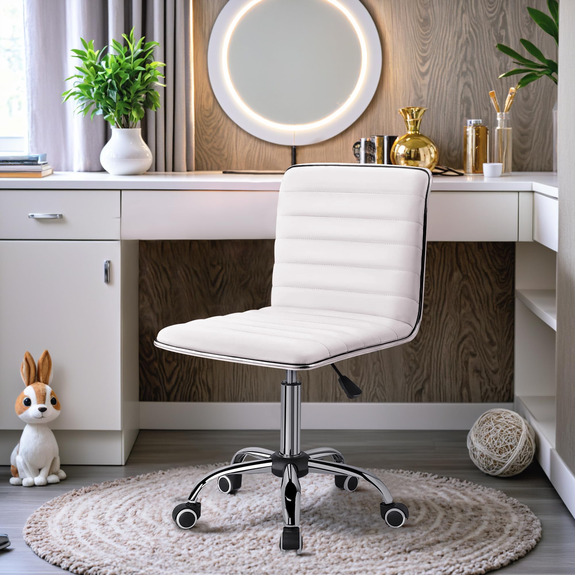 Furmax Mid Back Vanity Chair - White PU Leather Swivel Makeup Stool with Ribbed Design, Armless Retro Office & Computer Desk Chair for Home, Salon, Dressing Room & Workspace