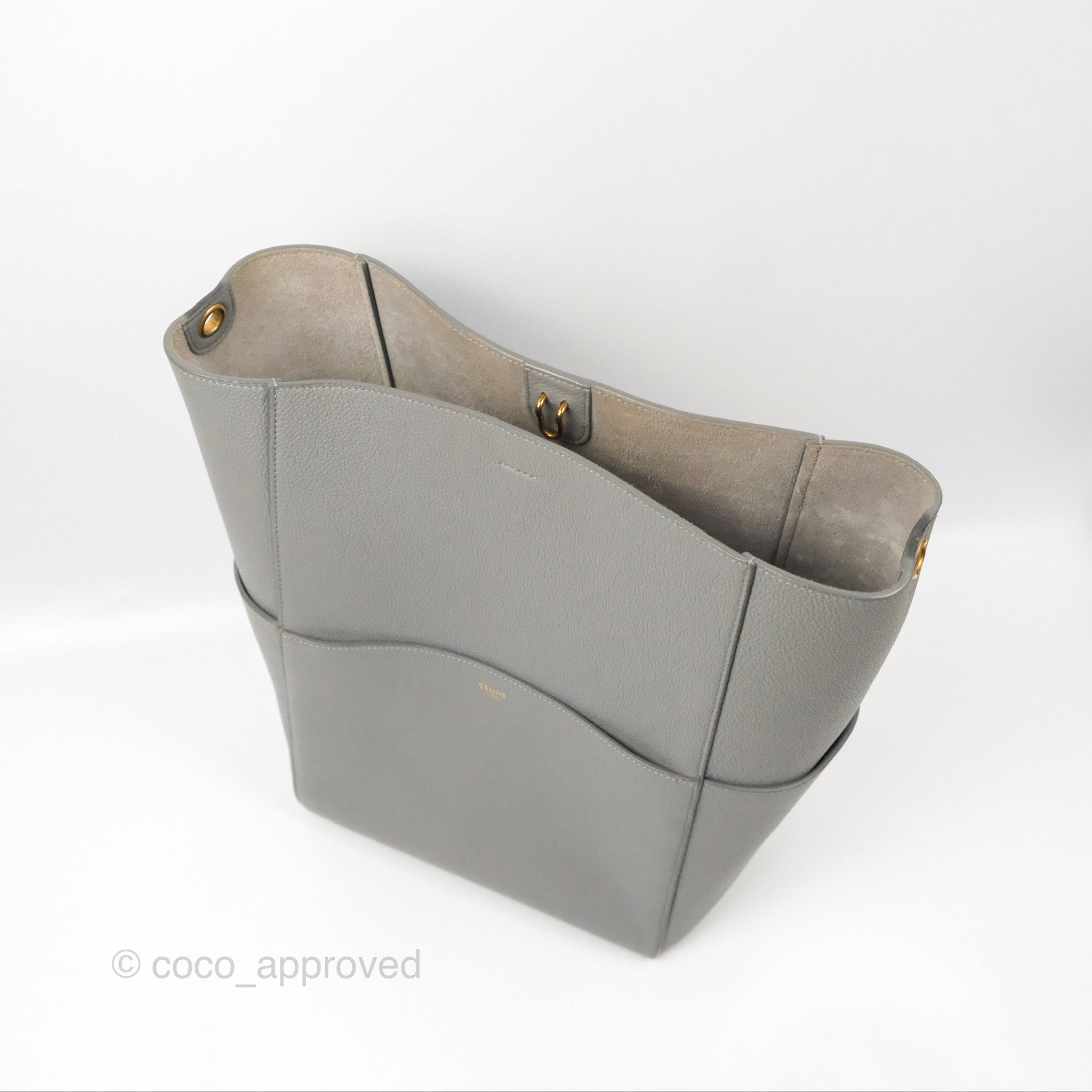 Celine Sangle Bucket Bag in Grey Grained Calfskin Leather - Luxury Crossbody Shoulder Bag for Women, Perfect for Work, Travel & Everyday Use