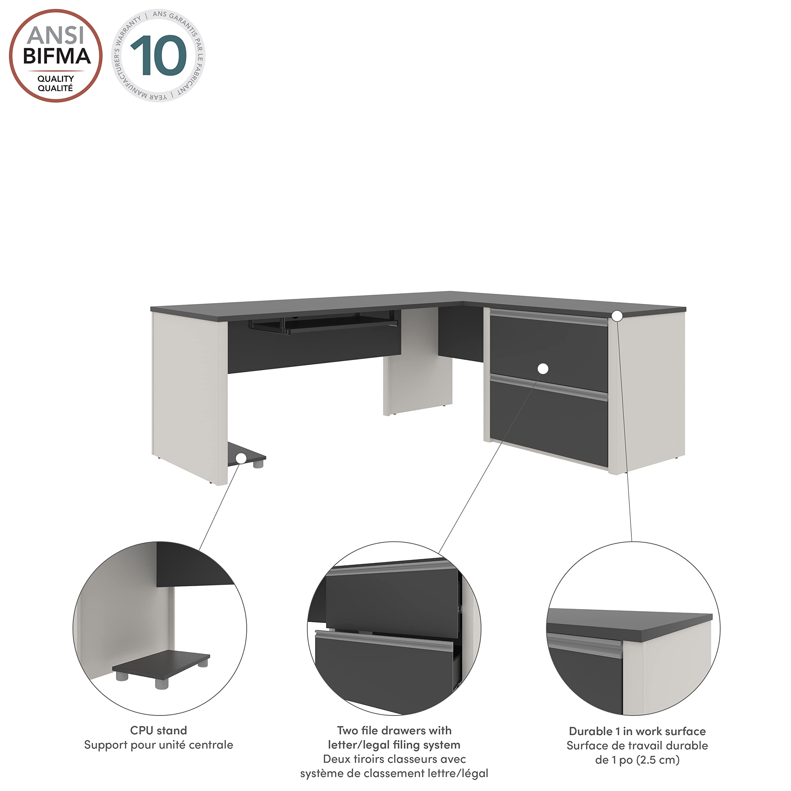 Bestar Connexion L-Shaped Office Desk with Oversized Storage Pedestal - Sandstone & Slate Finish for Home Office or Gaming Setup