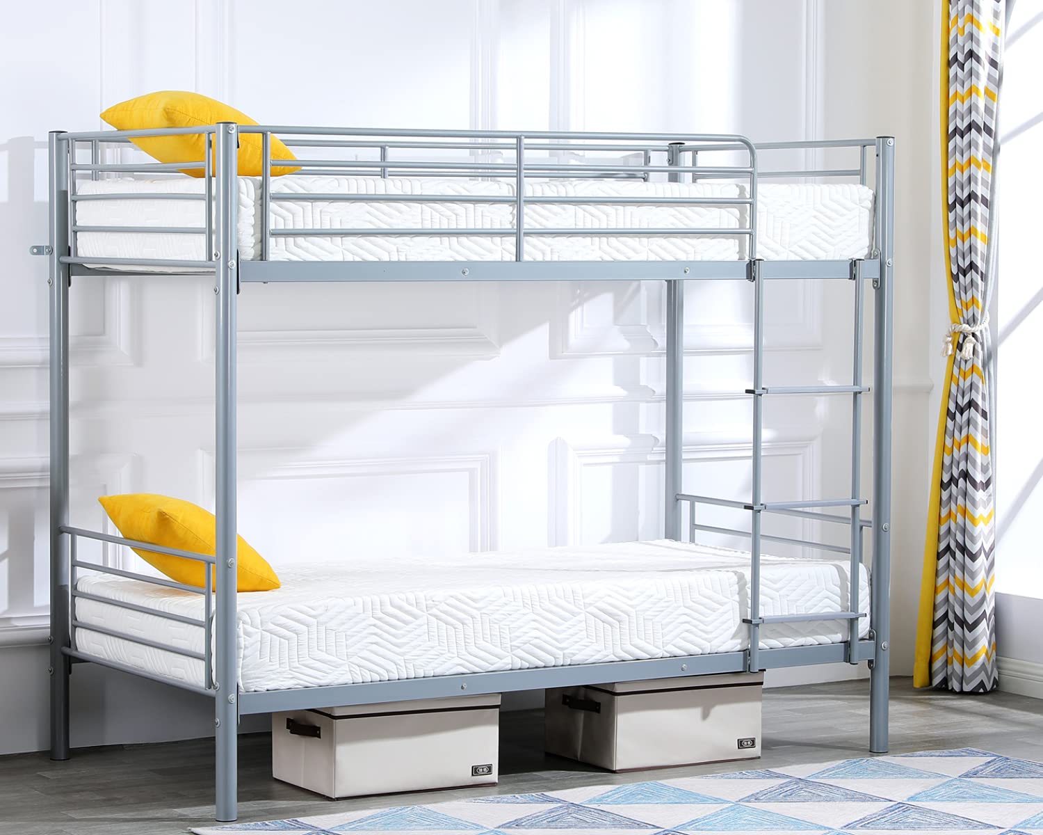 Bonnlo Twin Over Twin Metal Bunk Bed Frame for Kids, Teens & Adults - Heavy Duty Steel Construction with Flat Ladder Rungs, Reinforced Metal Slats & Tall Safety Guardrails - Space Saving Gray Bunk Bed for Bedrooms, Dorms & Guest Rooms