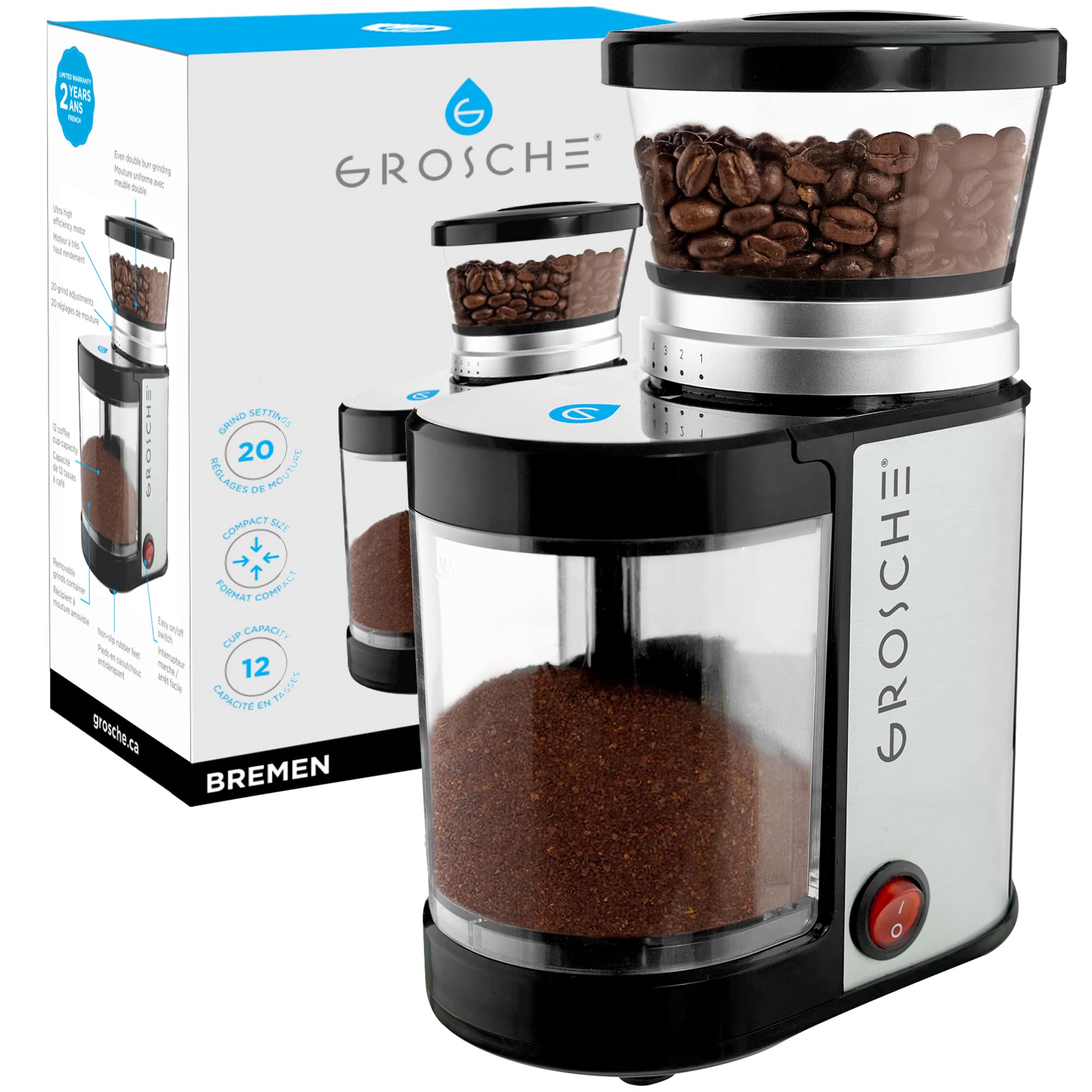 GROSCHE Bremen Coffee Grinder - 20 Adjustable Grind Settings for Espresso, Pour Over & French Press | 12 Cup Large Capacity, Compact Design | Perfect for Home, Kitchen & Office Use | Ideal for Coffee Enthusiasts & Baristas