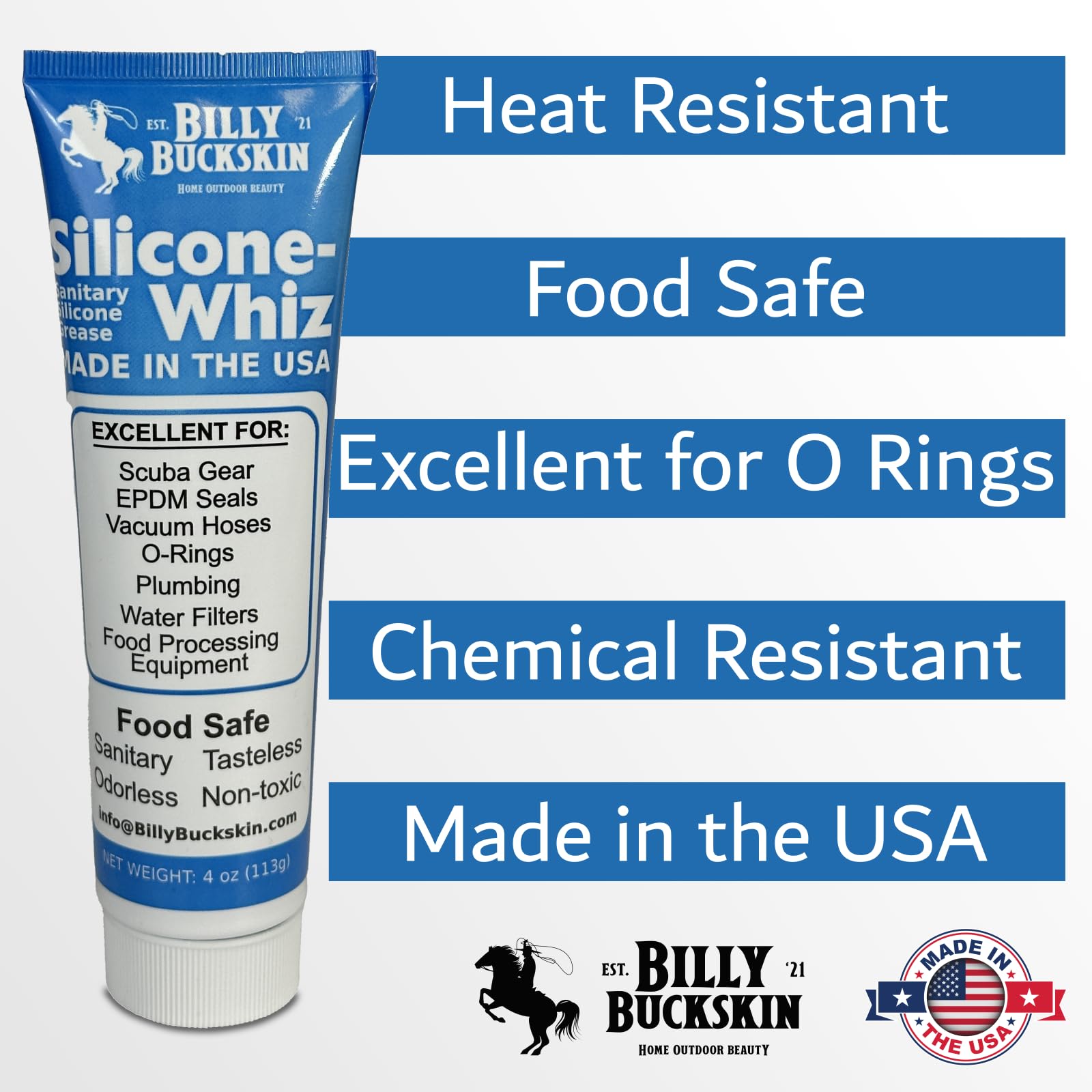 8 Oz. Tube Silicone-Whiz XXL Food Grade Silicone Grease - Sanitary Lubricant for O-Rings, Valves & Machinery | NSF Certified Plumber's Grease & Diving Lube by Billy Buckskin Co | Perfect for Kitchen Appliances, Pool Equipment & Industrial Use